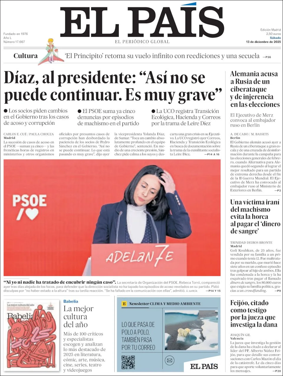 Portada de El Pais del sábado, 13 de diciembre de 2025