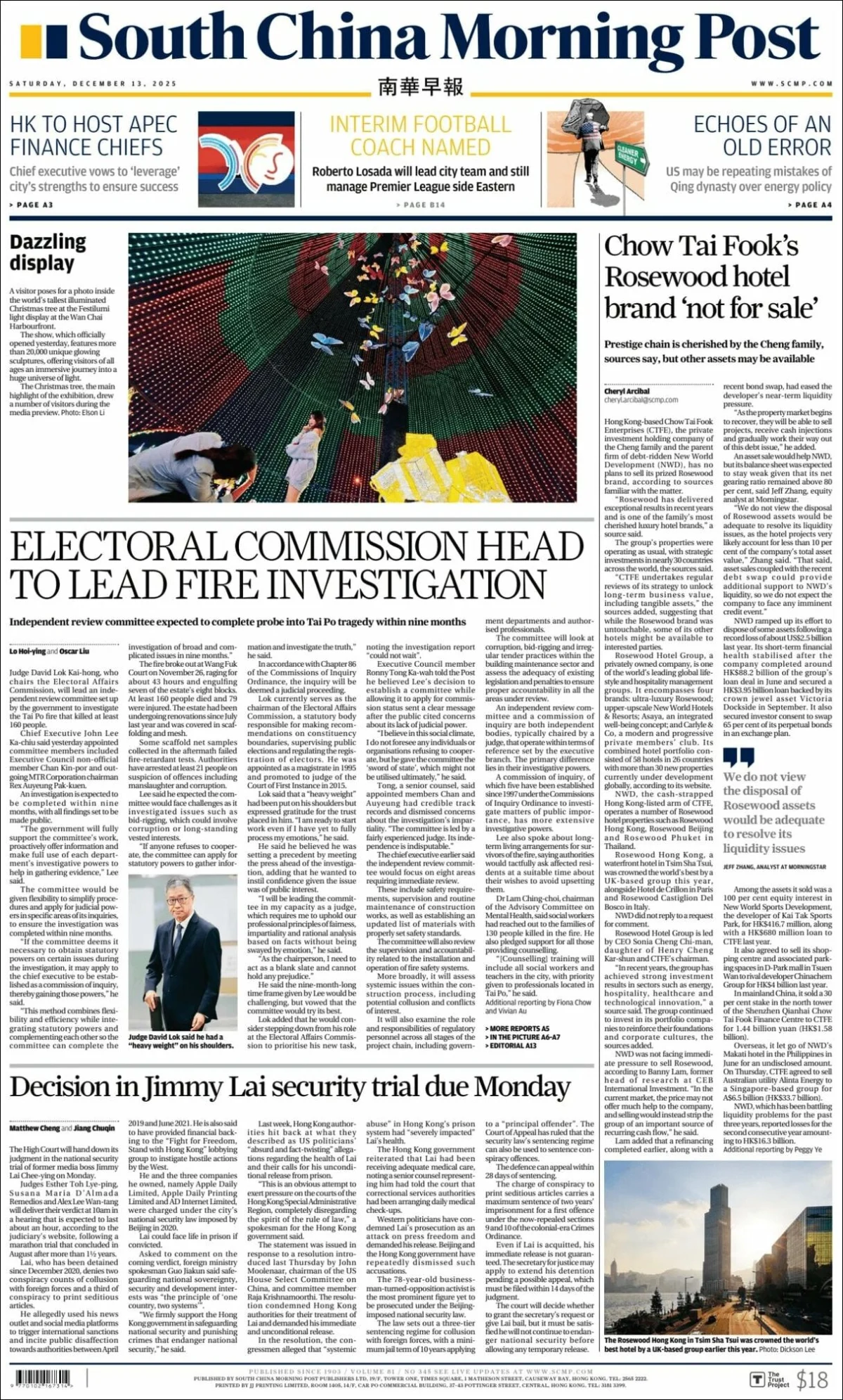 Portada de South China Morning Post del sábado, 13 de diciembre de 2025