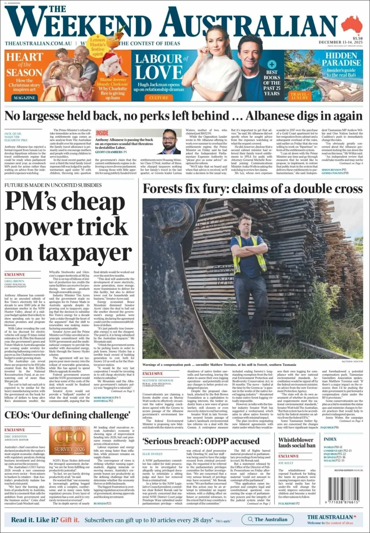 Portada de The Australian del sábado, 13 de diciembre de 2025