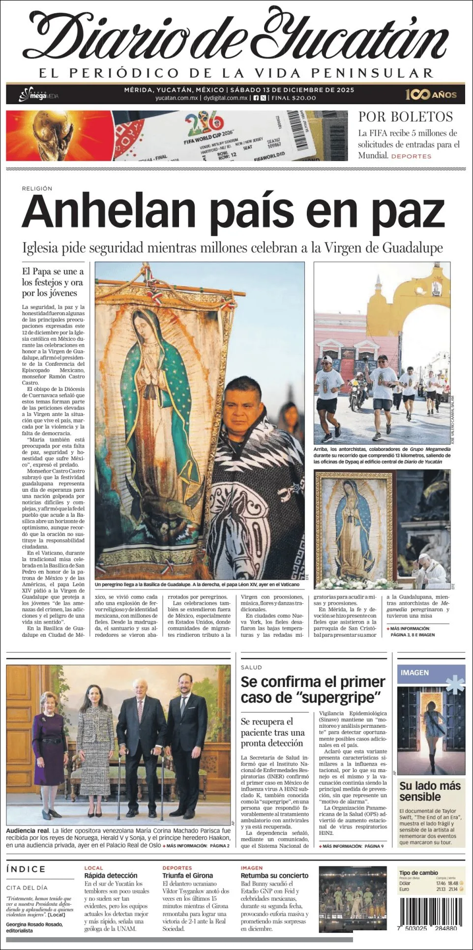 Portada de Diario de Yucatán del sábado, 13 de diciembre de 2025