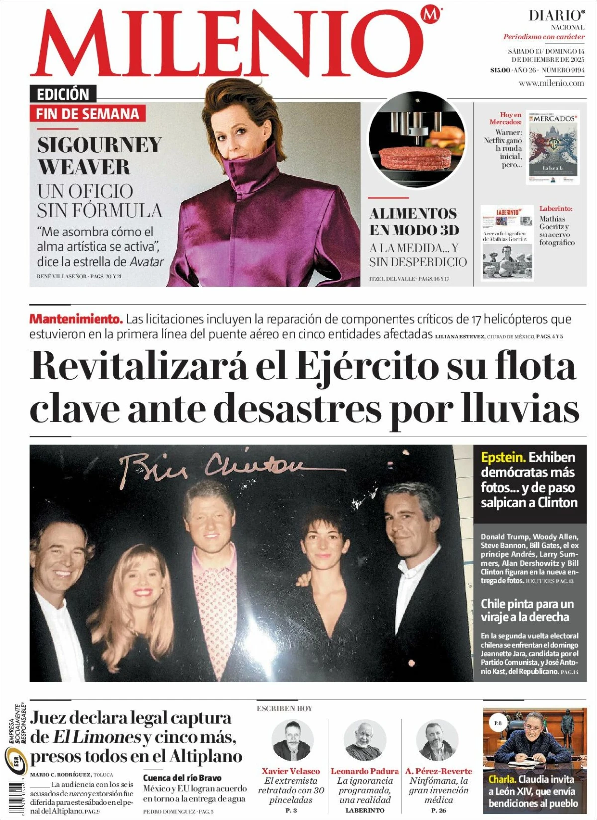 Portada de Milenio del sábado, 13 de diciembre de 2025