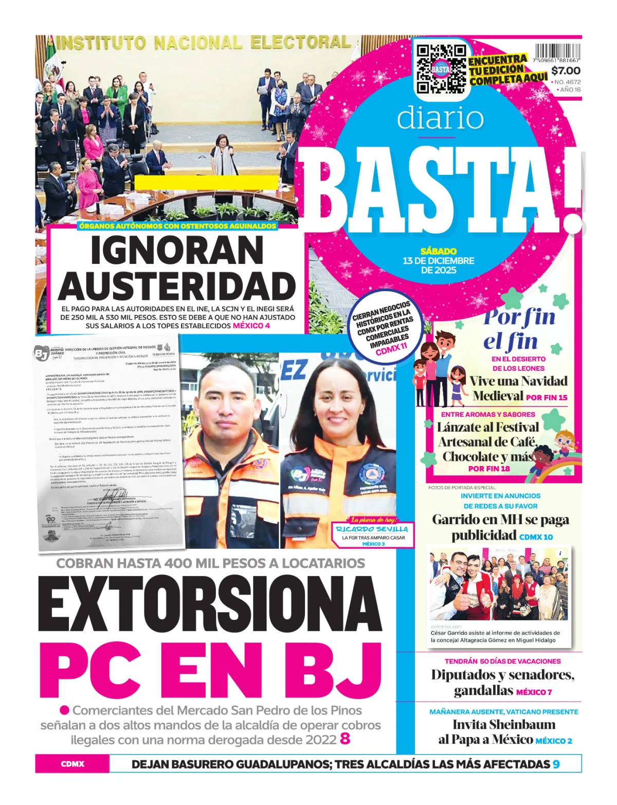 Portada de Basta! (portada) del sábado, 13 de diciembre de 2025