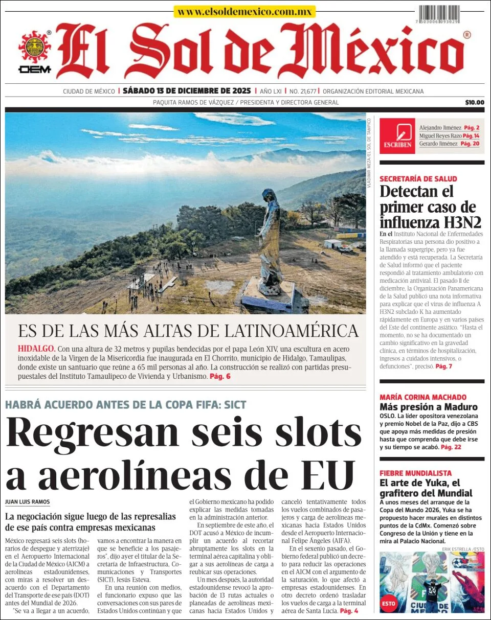 Portada de El Sol de Mexico del sábado, 13 de diciembre de 2025