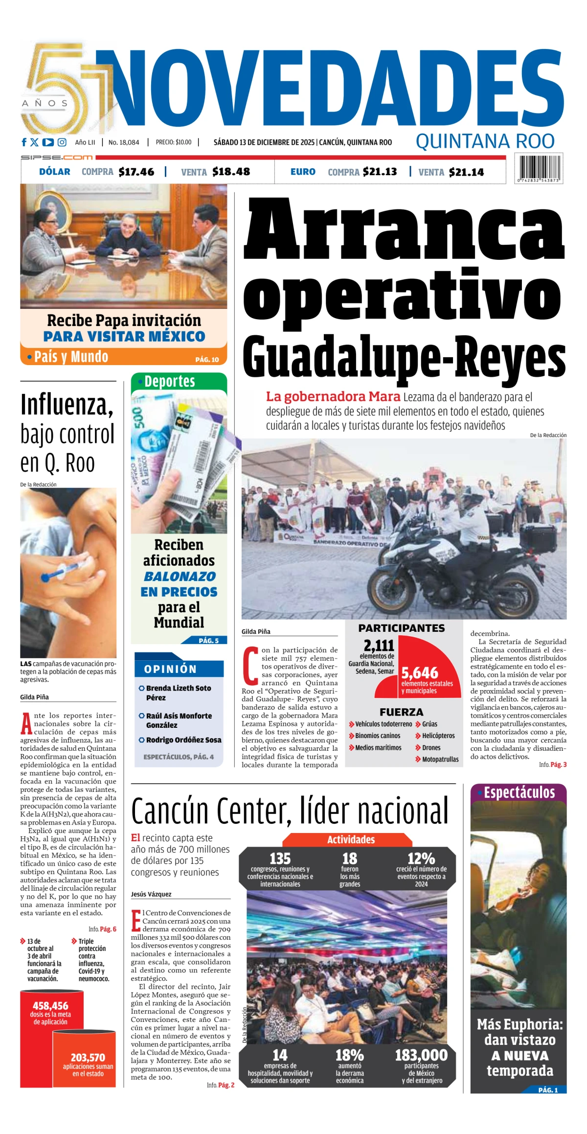 Portada de Novedades Quintana Roo del sábado, 13 de diciembre de 2025