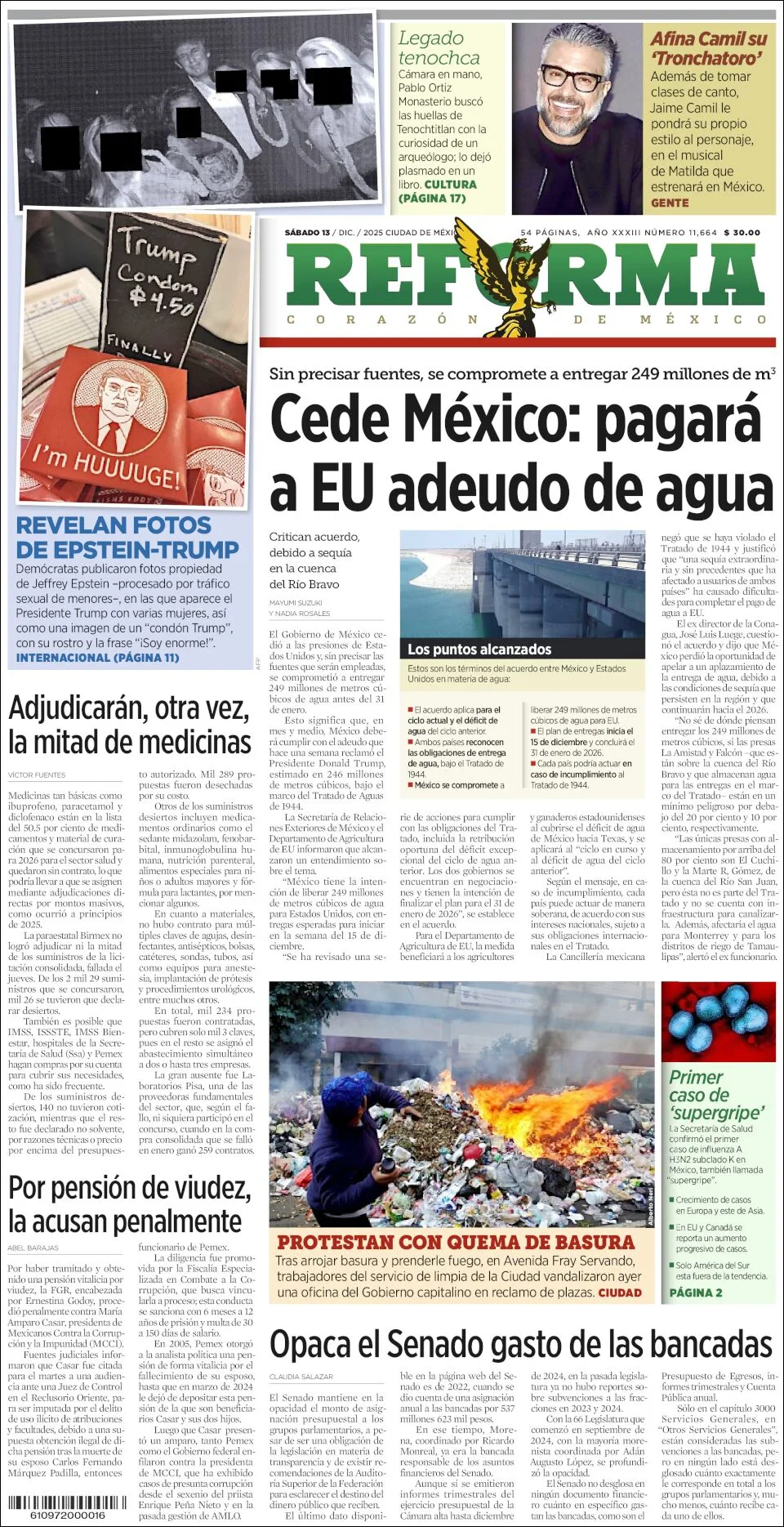 Portada de Reforma del sábado, 13 de diciembre de 2025