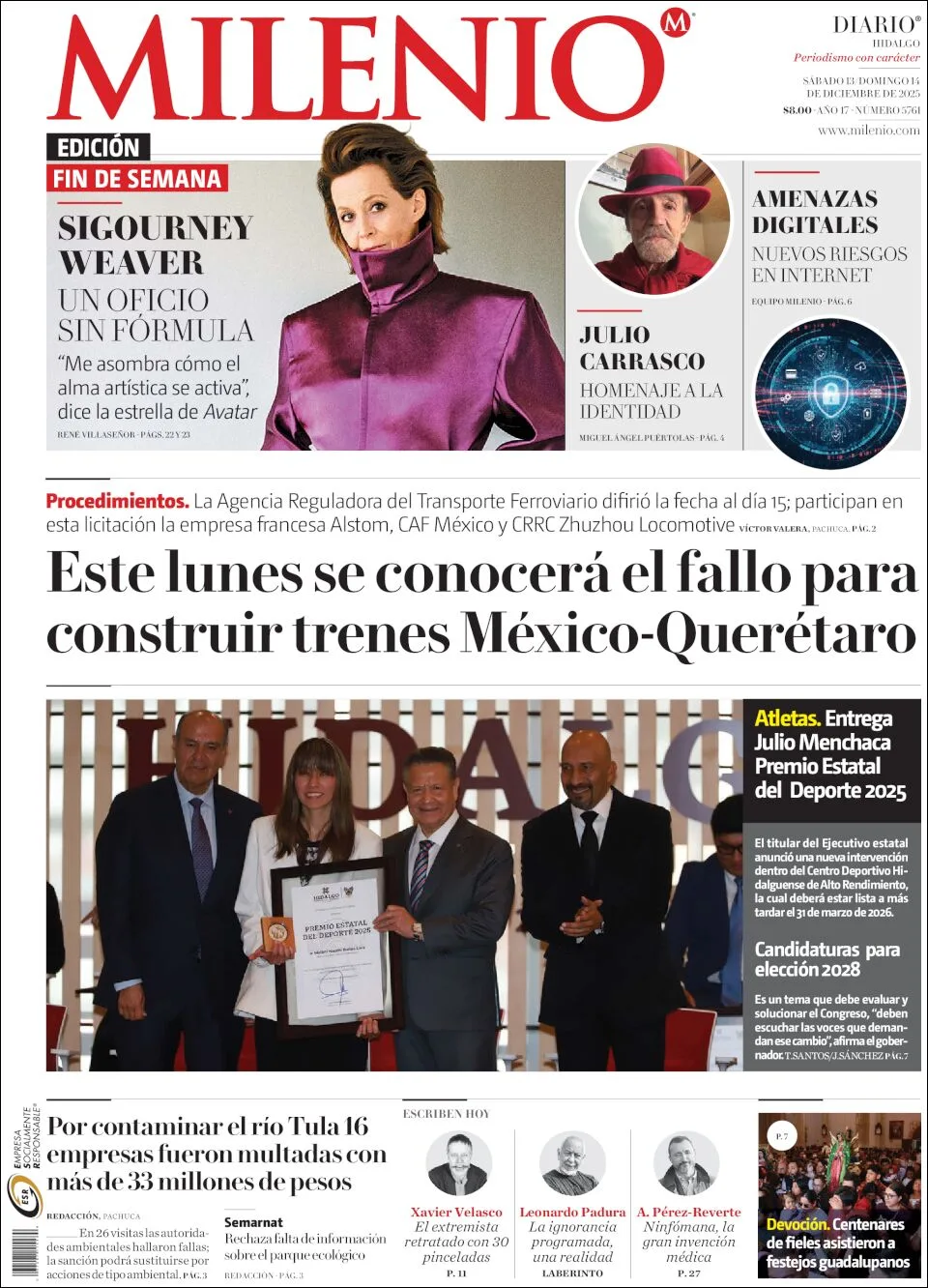Portada de Milenio Hidalgo del sábado, 13 de diciembre de 2025