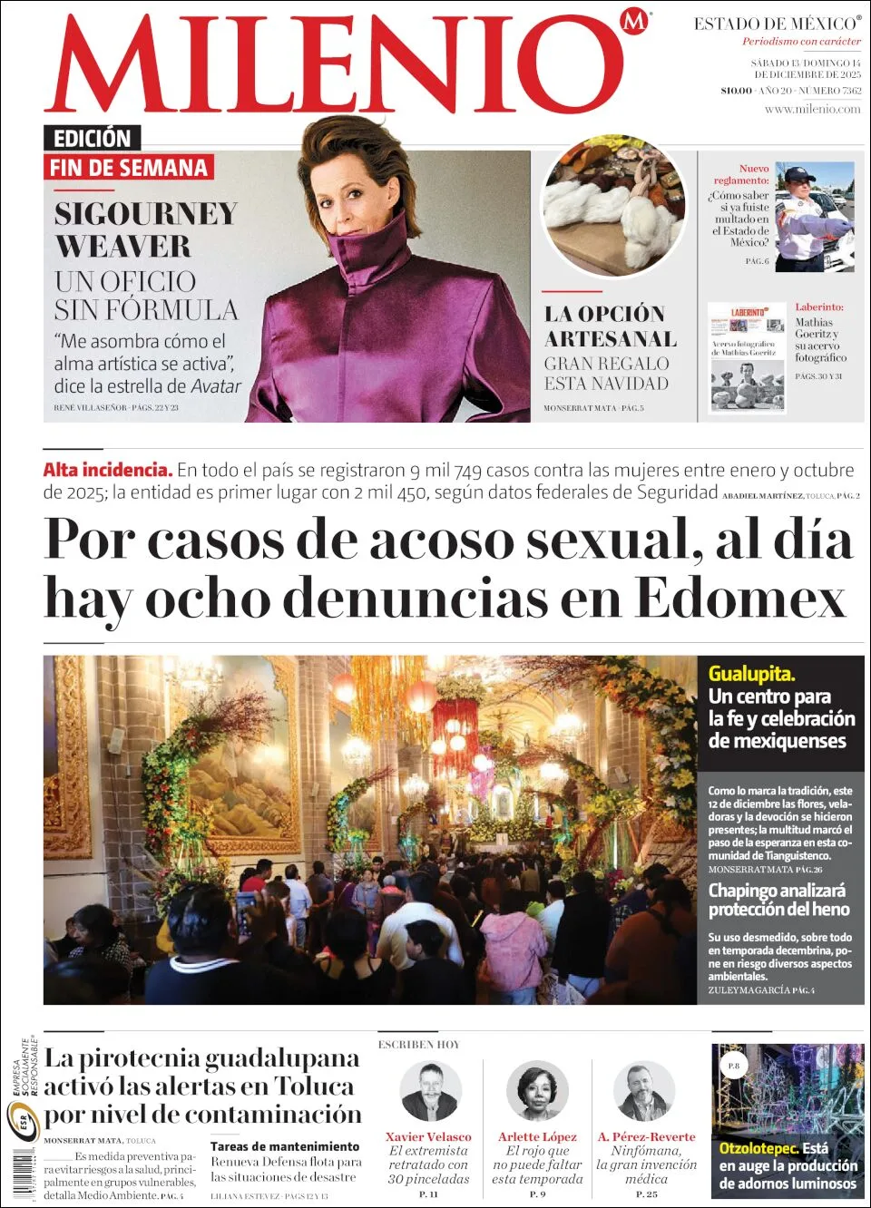 Portada de Milenio Edo de Mexico del sábado, 13 de diciembre de 2025