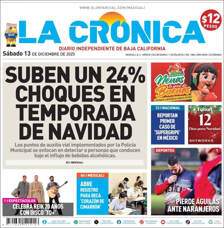 Portada de La Cronica del sábado, 13 de diciembre de 2025