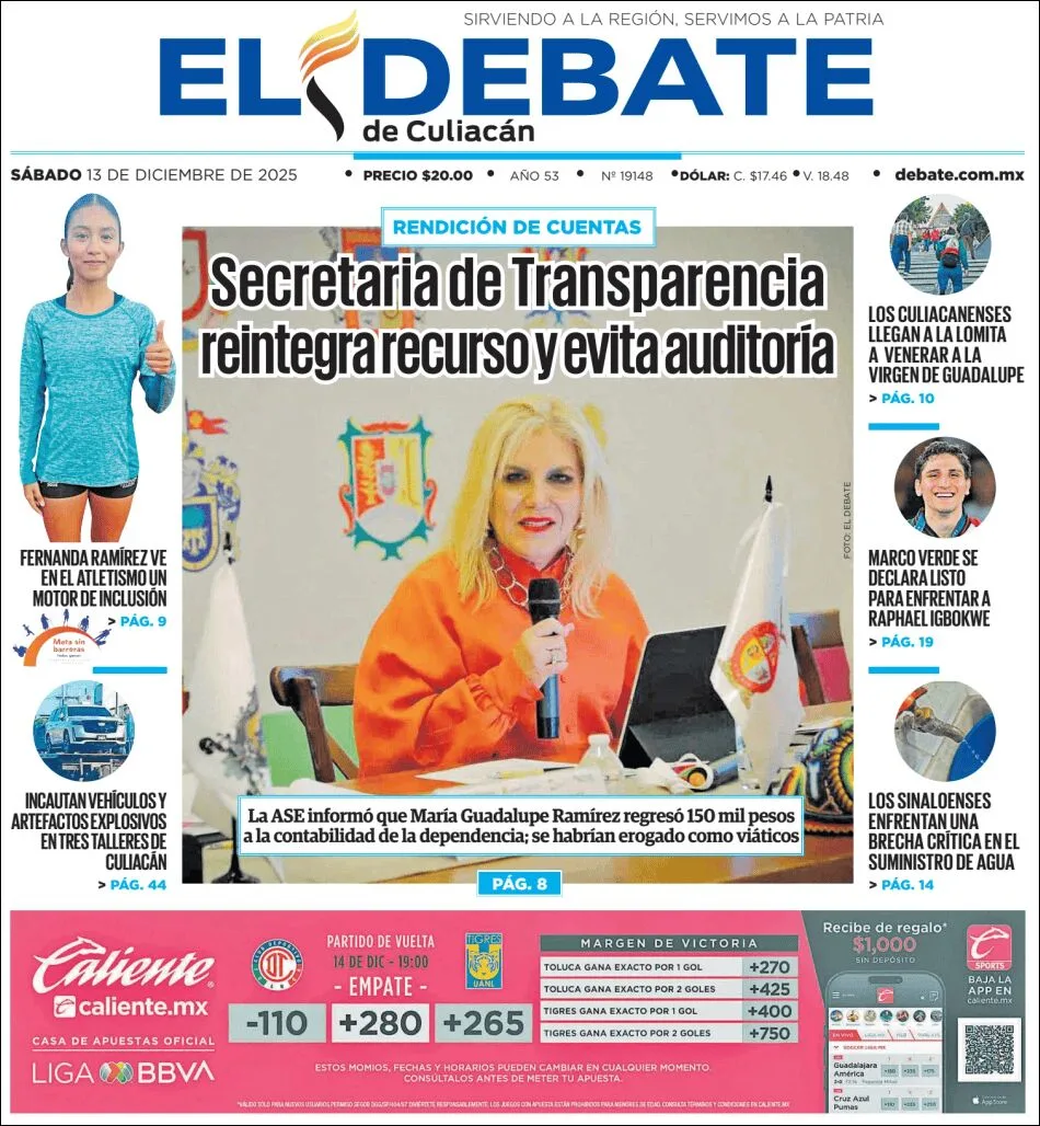 Portada de El Debate de Culiacan del sábado, 13 de diciembre de 2025