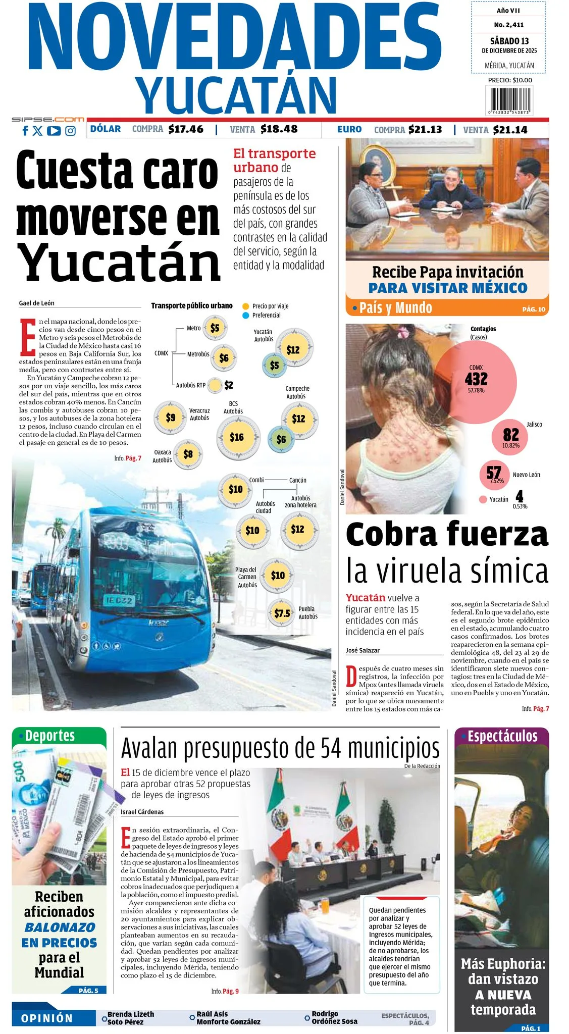 Portada de Novedades Yucatan del sábado, 13 de diciembre de 2025