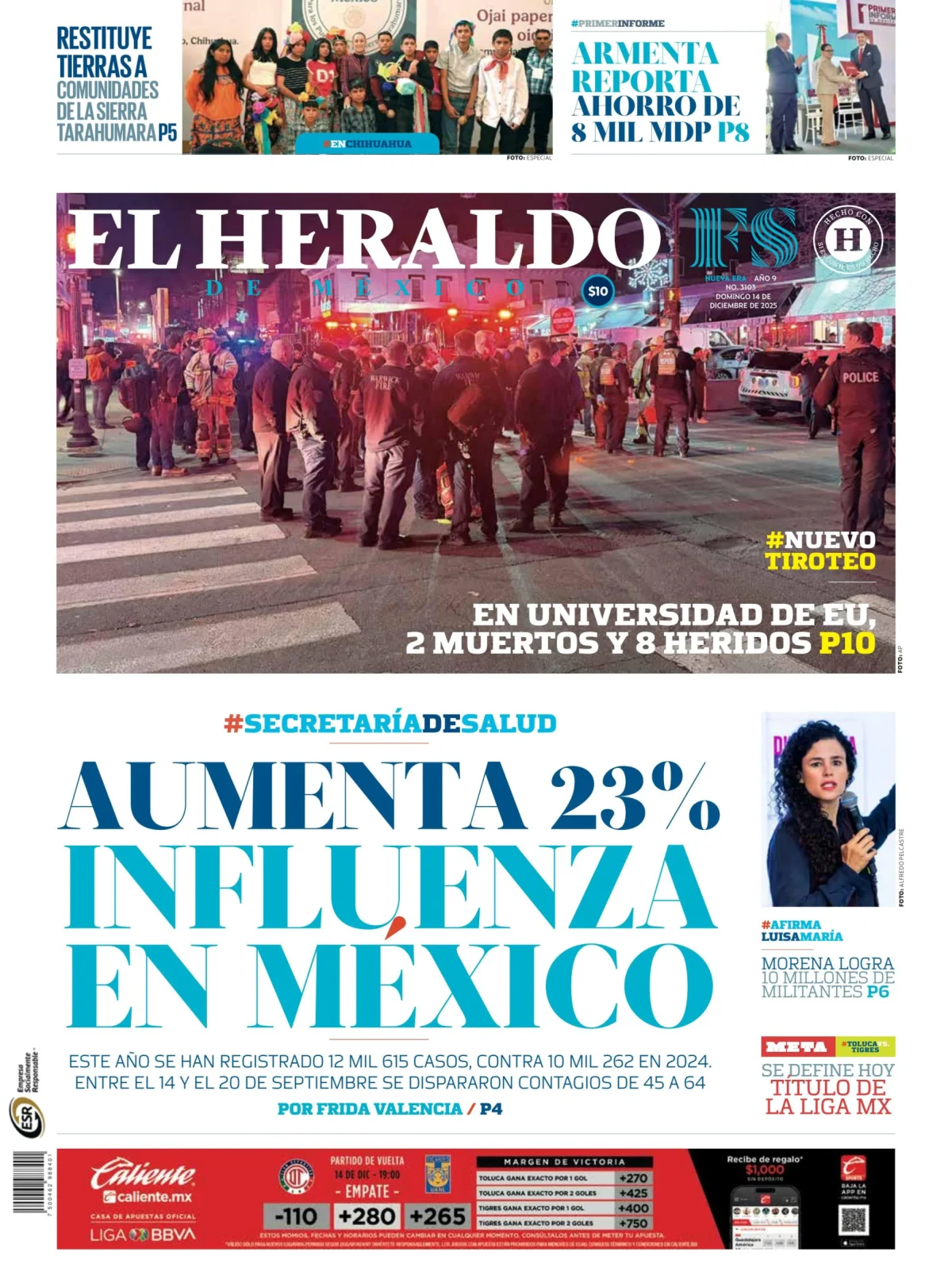 Portada de El Heraldo de Mexico del domingo, 14 de diciembre de 2025