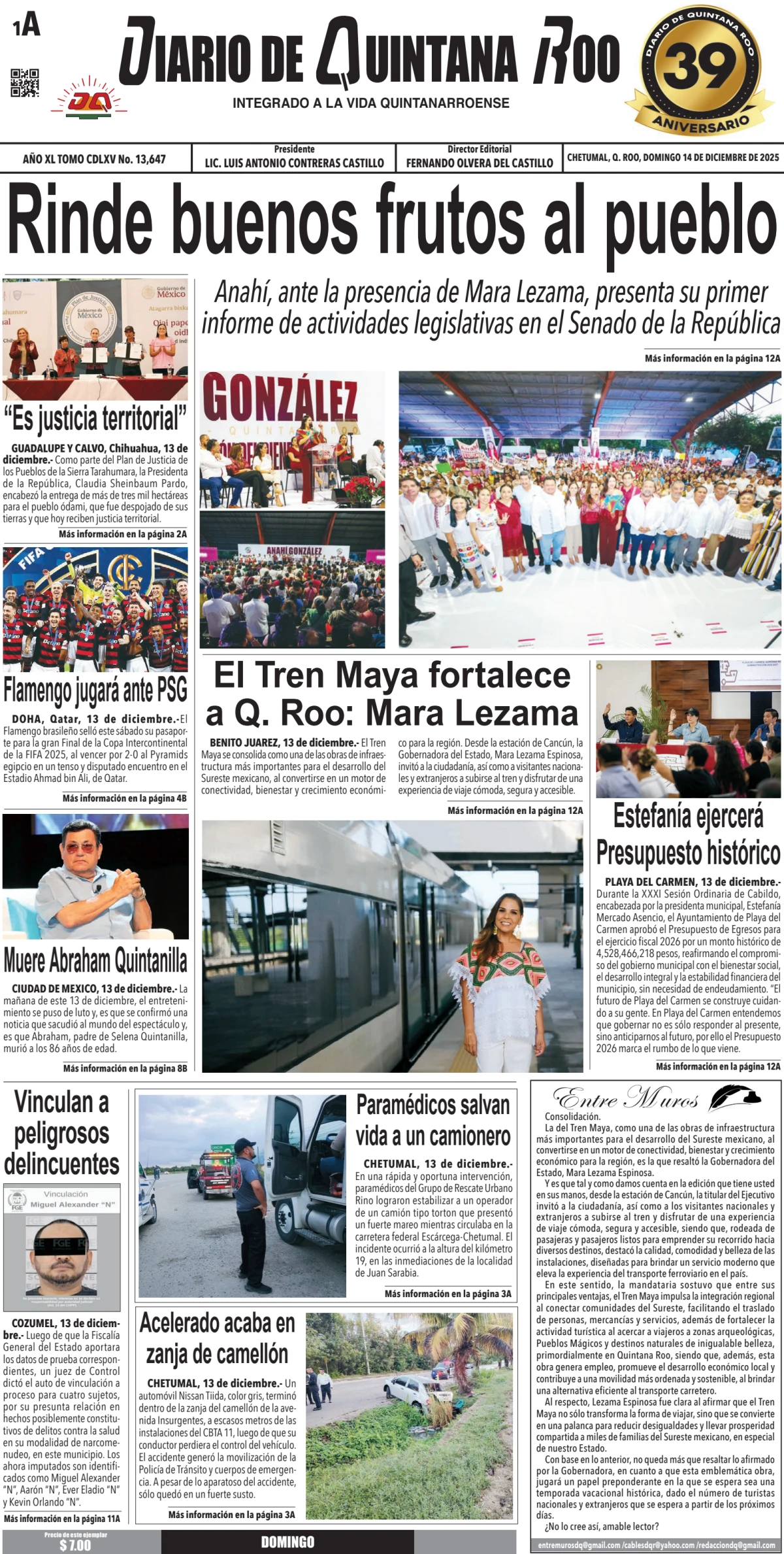 Portada de Diario de Quintana Roo (portada) del domingo, 14 de diciembre de 2025