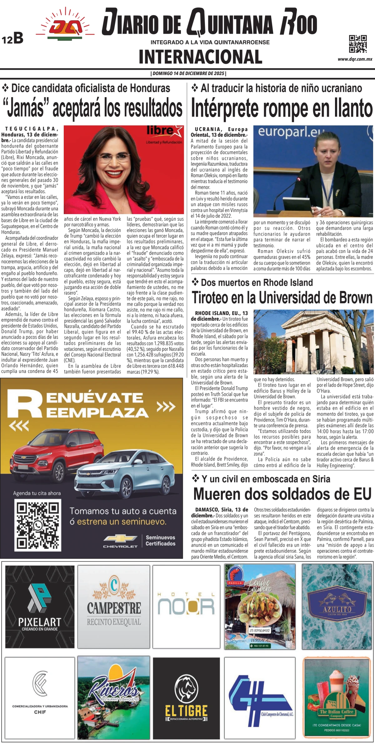 Portada de Diario de Quintana Roo (contra Portada) del domingo, 14 de diciembre de 2025