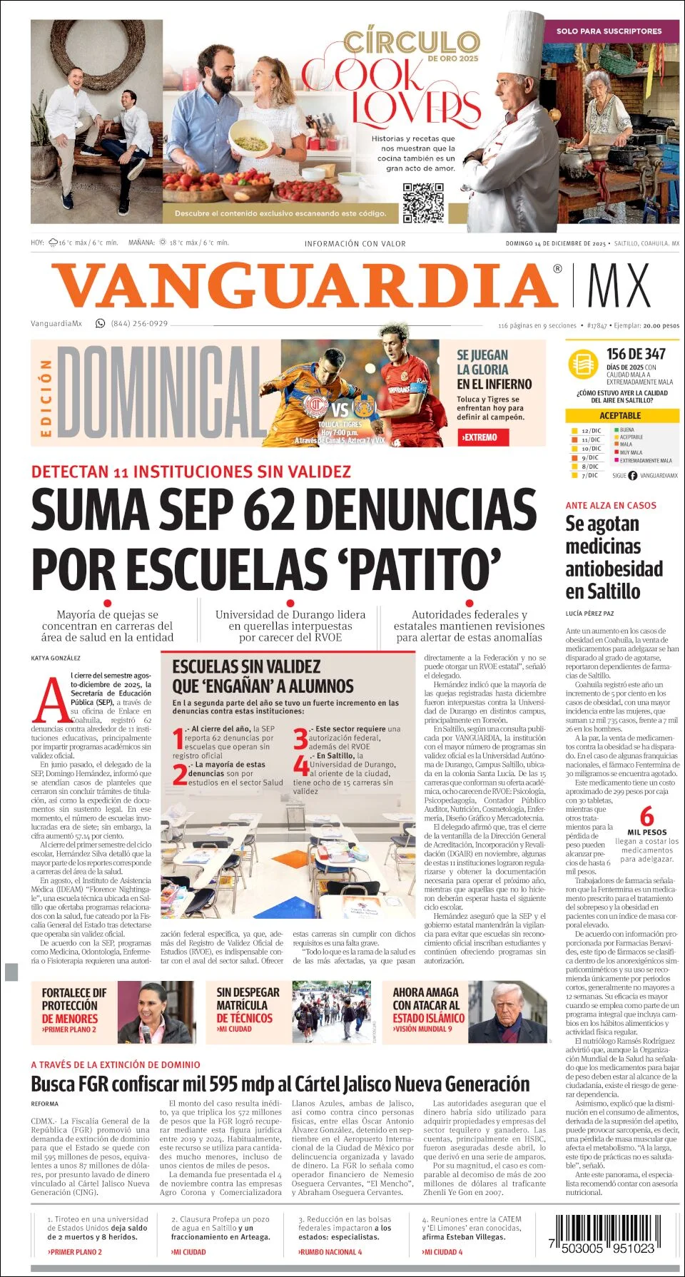 Portada de Vanguardia del domingo, 14 de diciembre de 2025