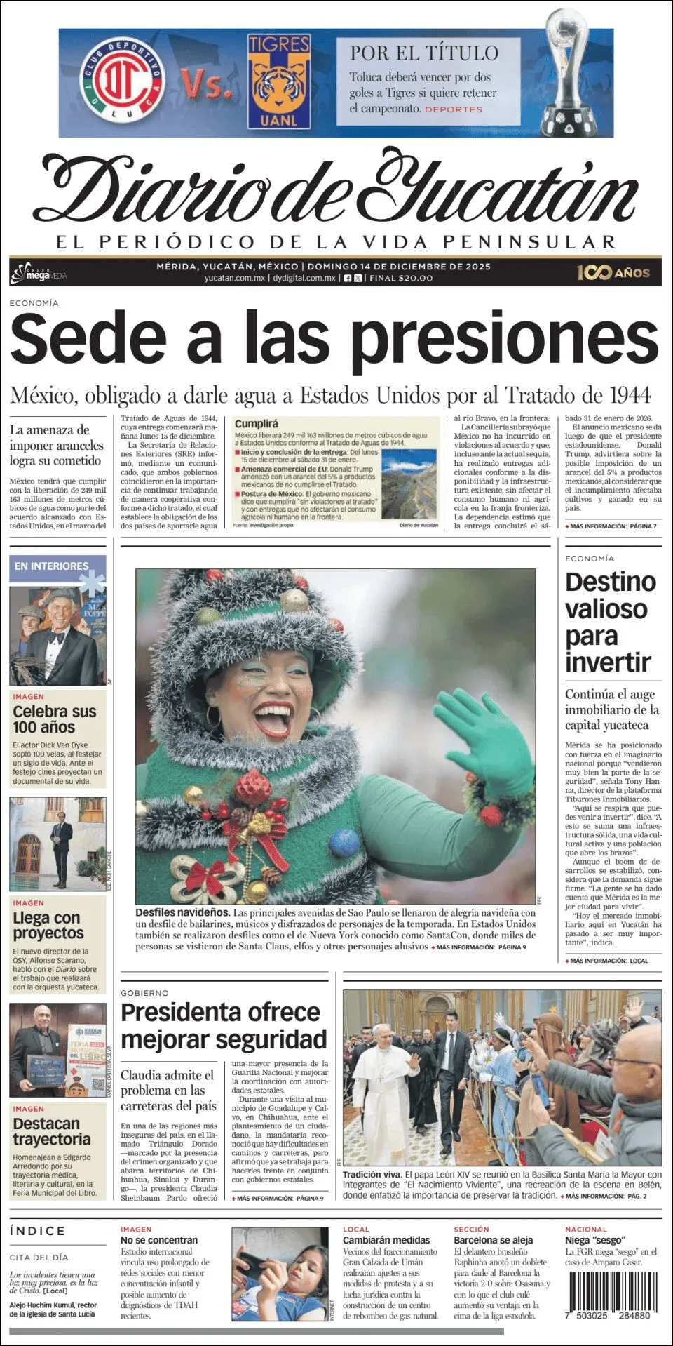Portada de Diario de Yucatán del domingo, 14 de diciembre de 2025