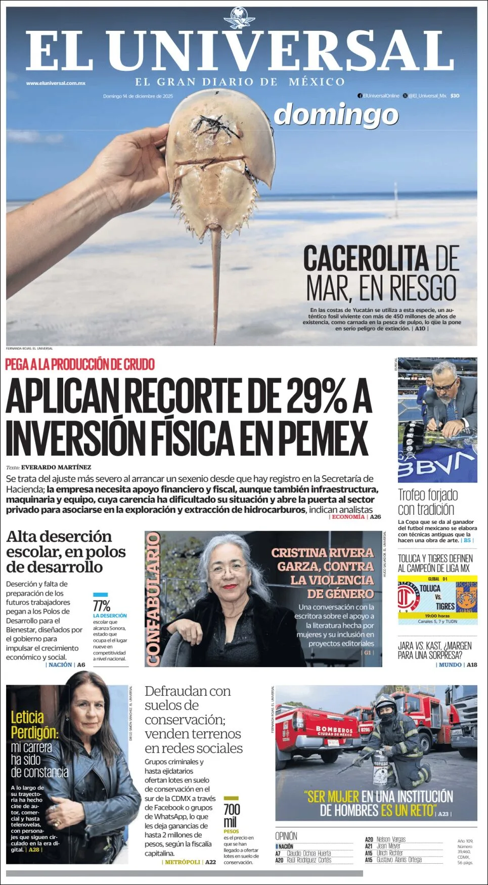 Portada de El Universal del domingo, 14 de diciembre de 2025