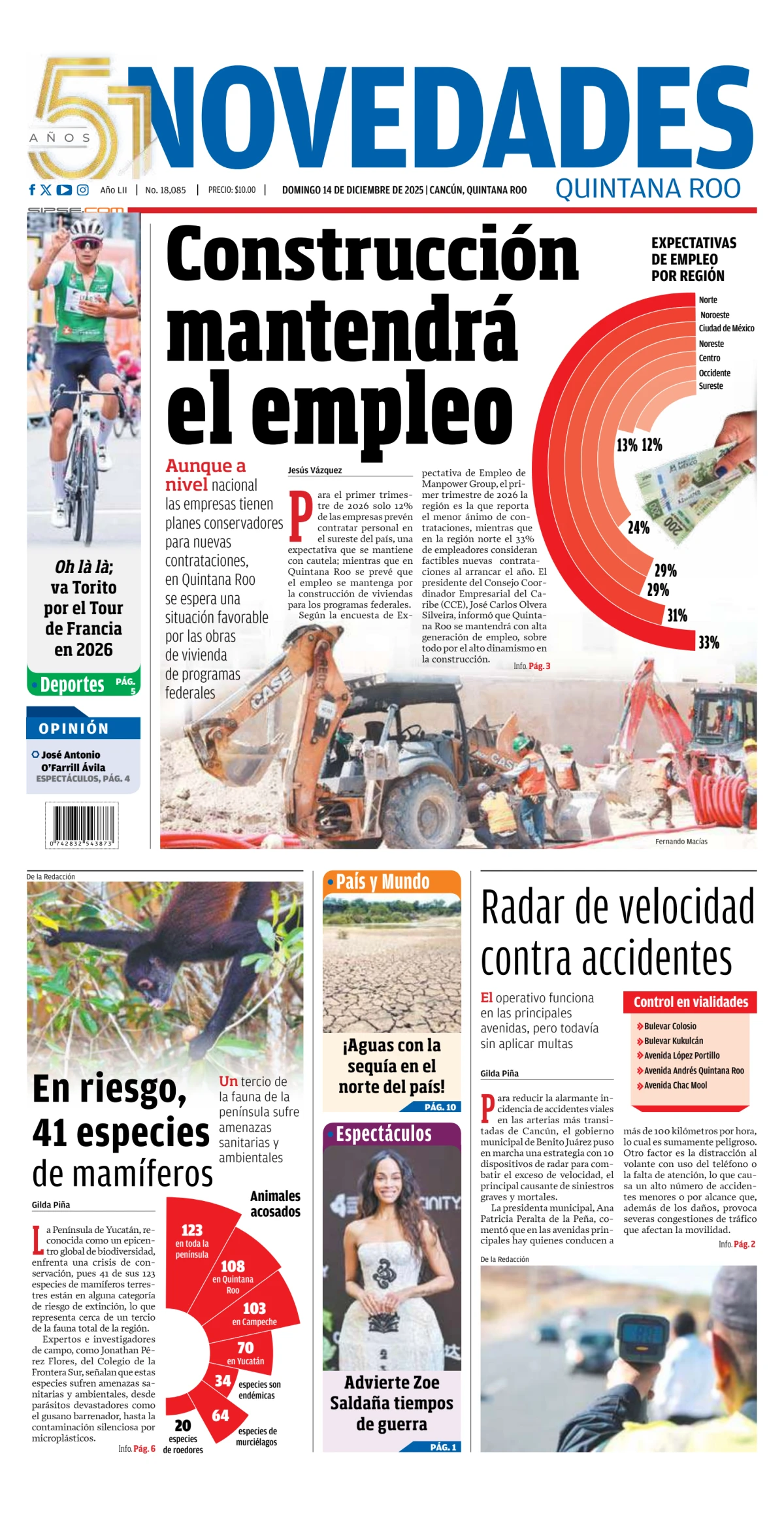 Portada de Novedades Quintana Roo del domingo, 14 de diciembre de 2025