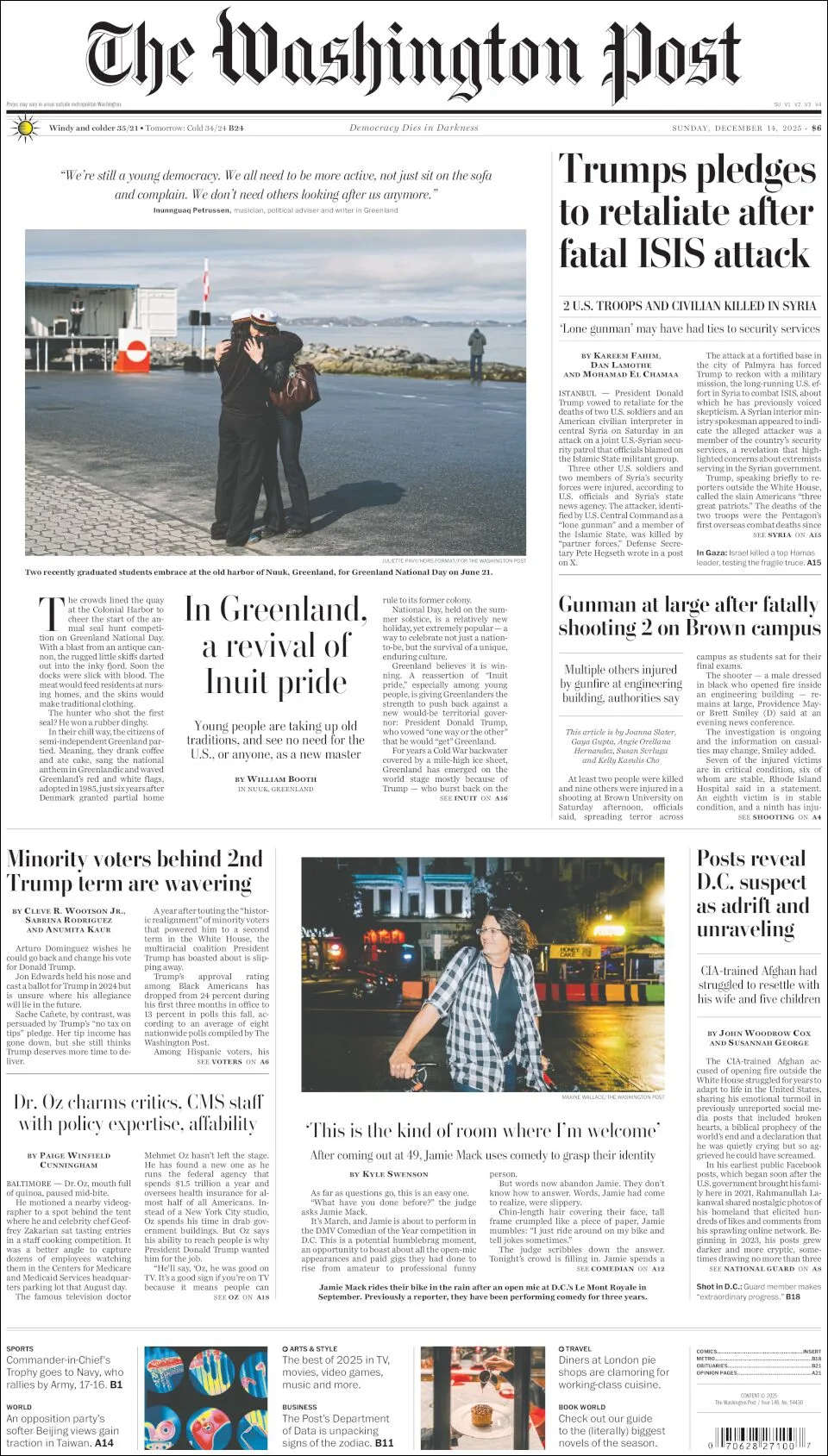 Portada de The Washington Post del domingo, 14 de diciembre de 2025