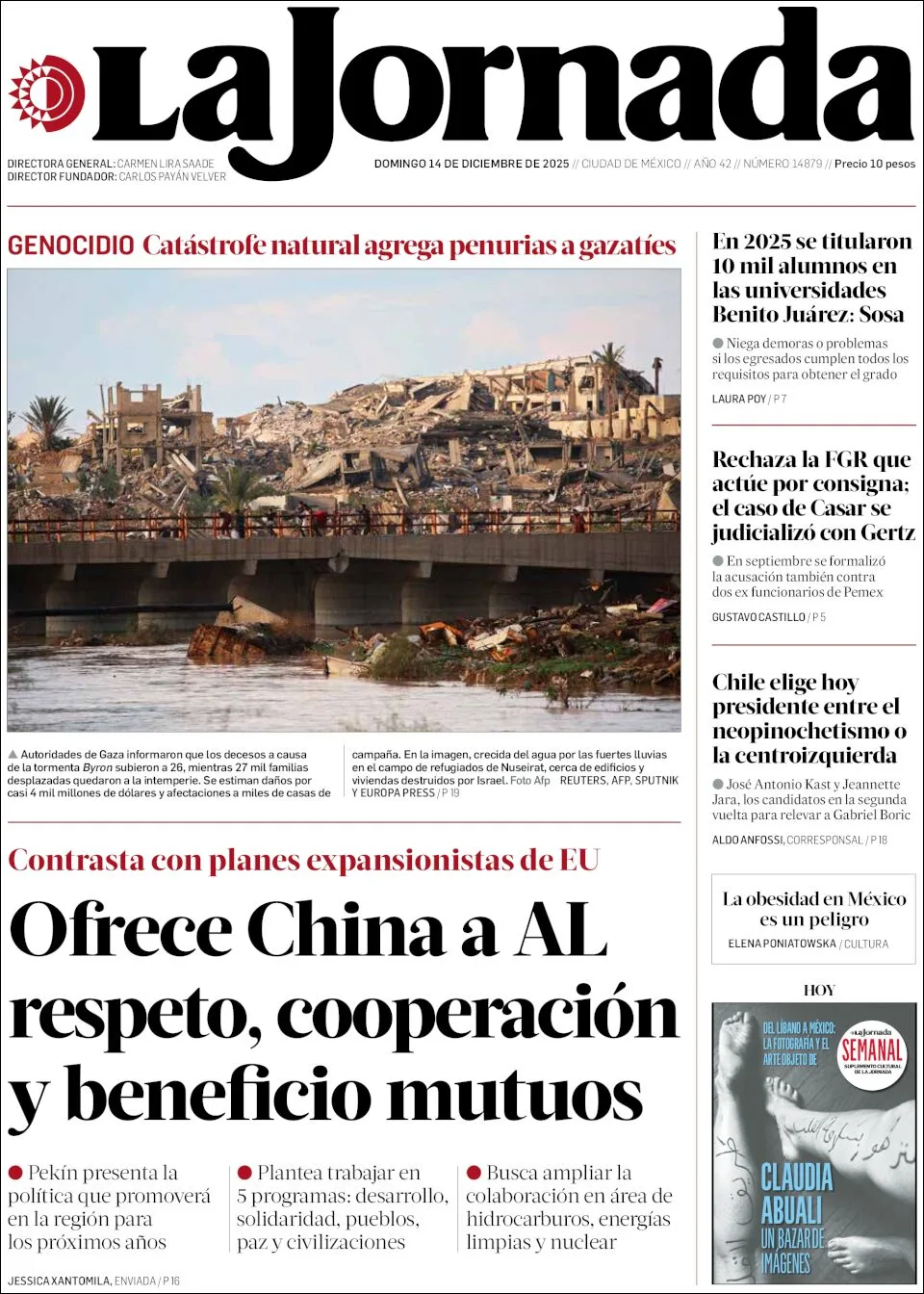 Portada de La Jornada del domingo, 14 de diciembre de 2025