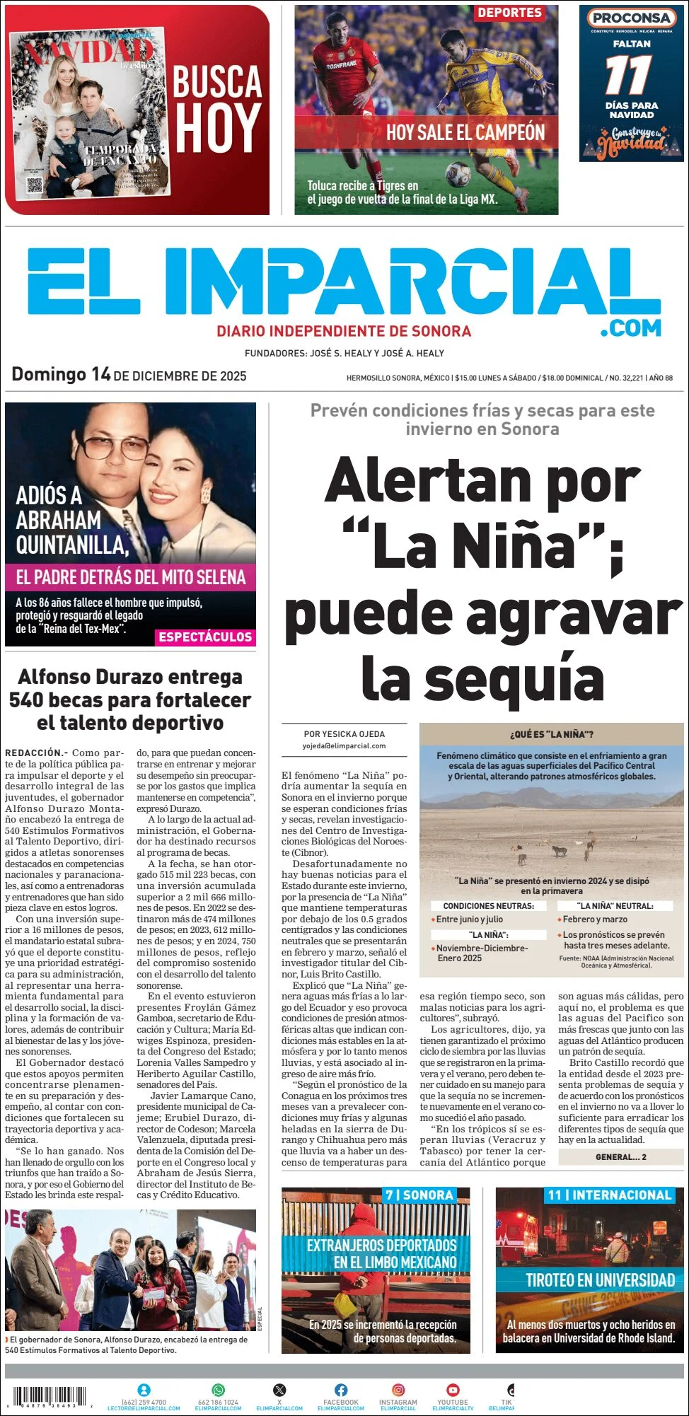 Portada de El Imparcial del domingo, 14 de diciembre de 2025
