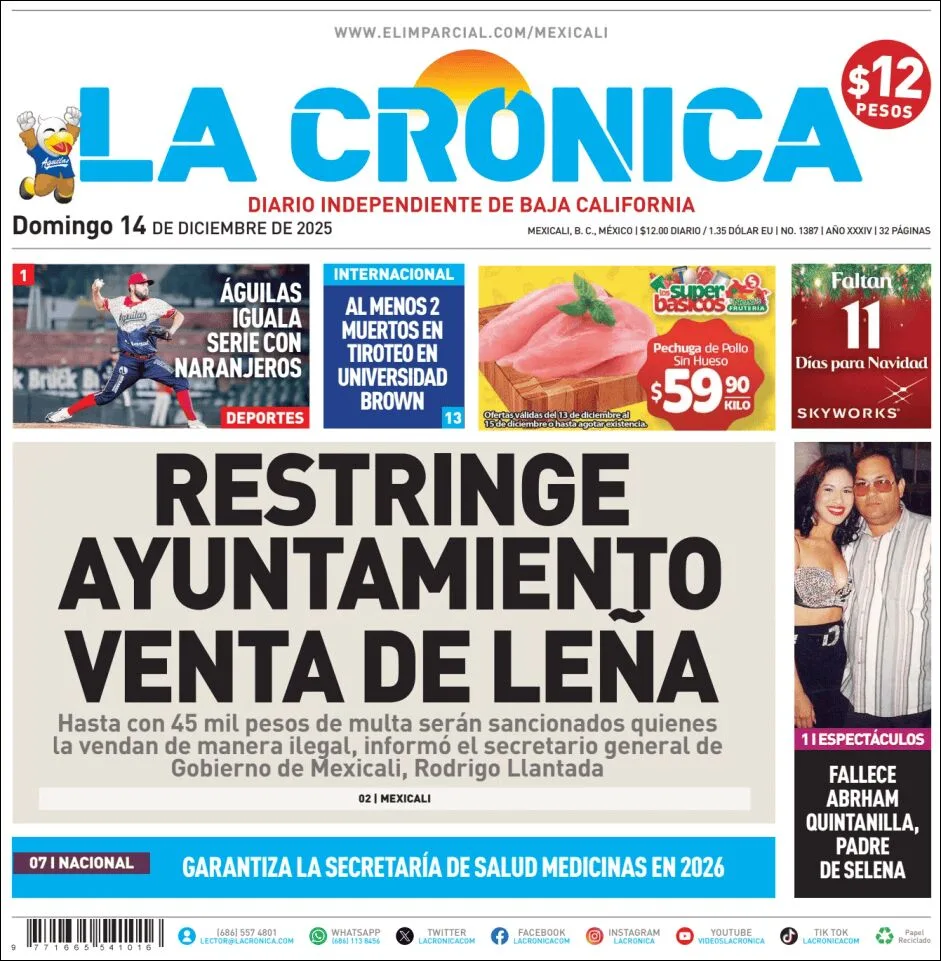 Portada de La Cronica del domingo, 14 de diciembre de 2025