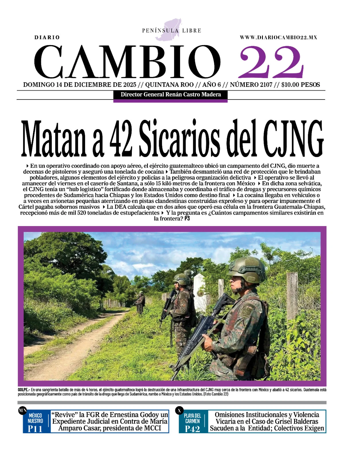 Portada de Diario Cambio 22 (portada) del domingo, 14 de diciembre de 2025