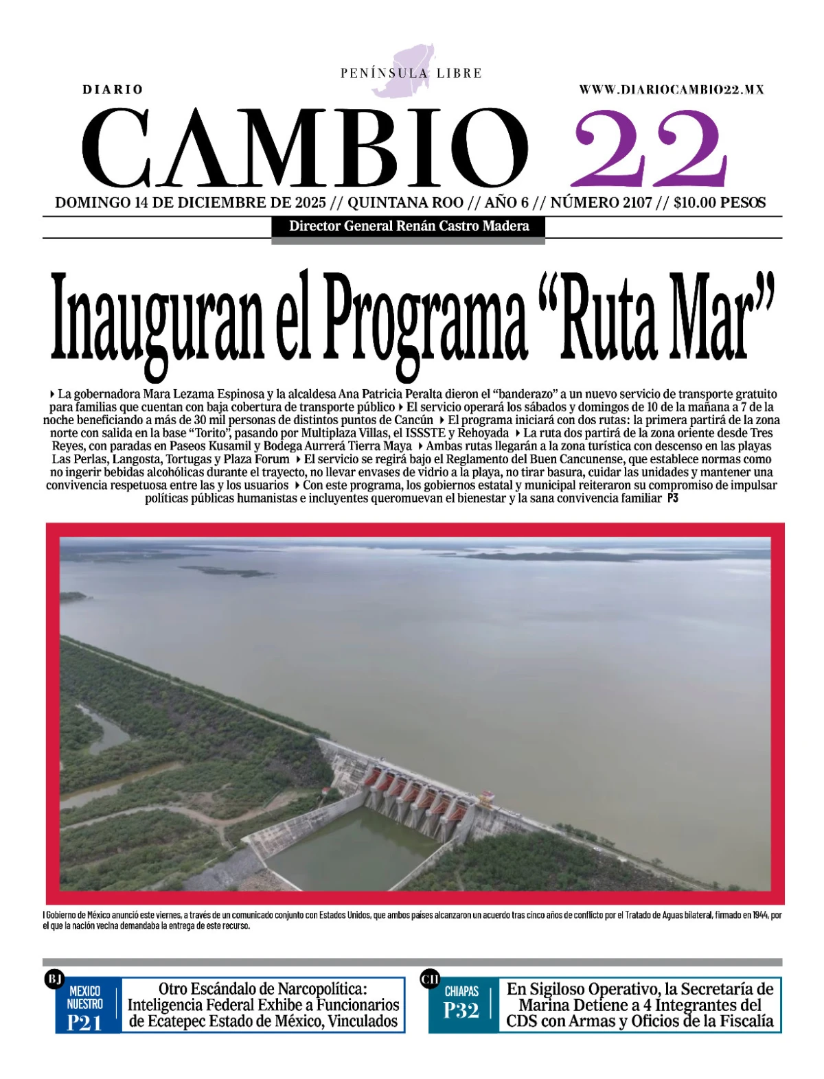 Portada de Diario Cambio 22 (contraportada) del domingo, 14 de diciembre de 2025