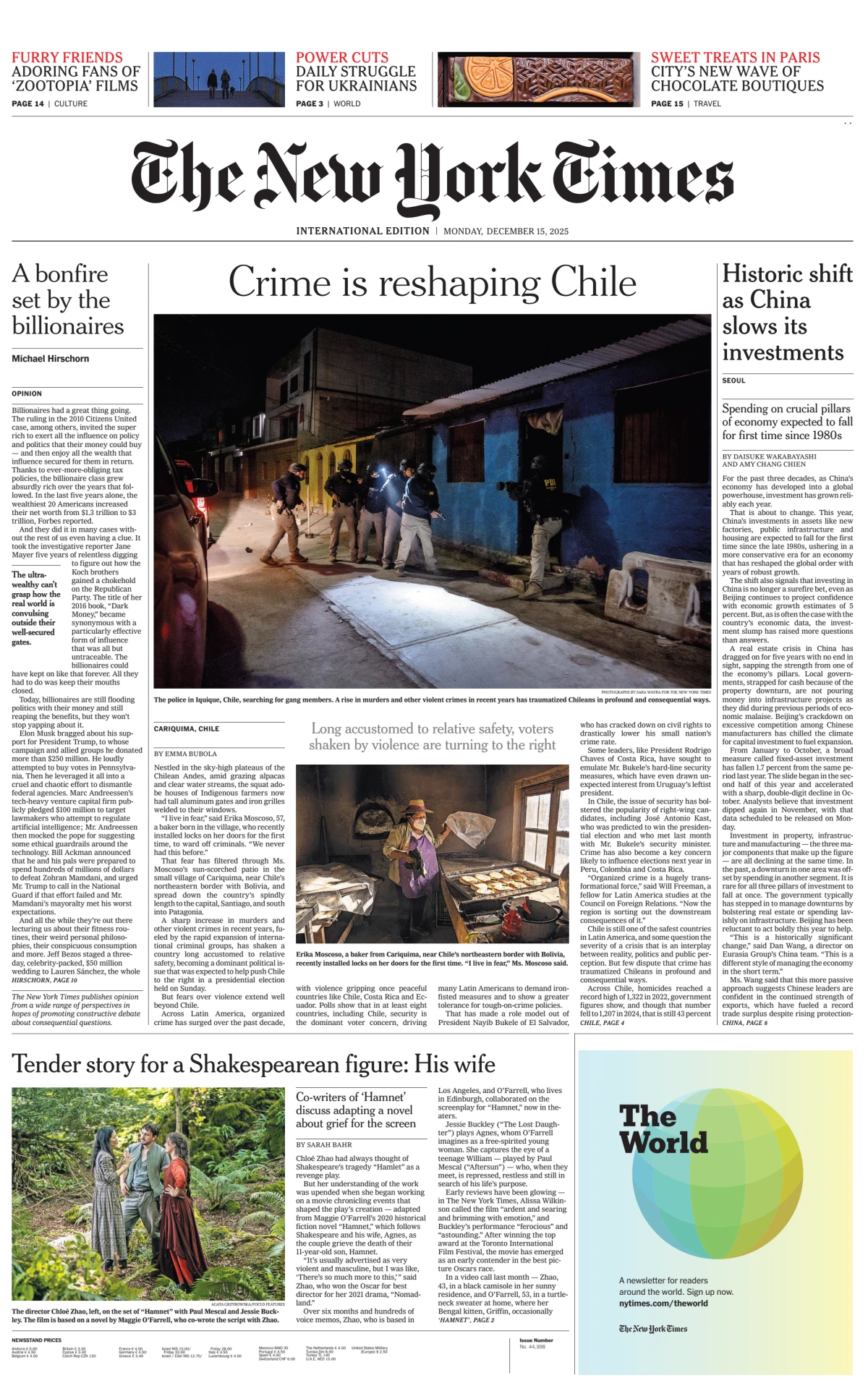 Portada de The New York Times (international) del lunes, 15 de diciembre de 2025