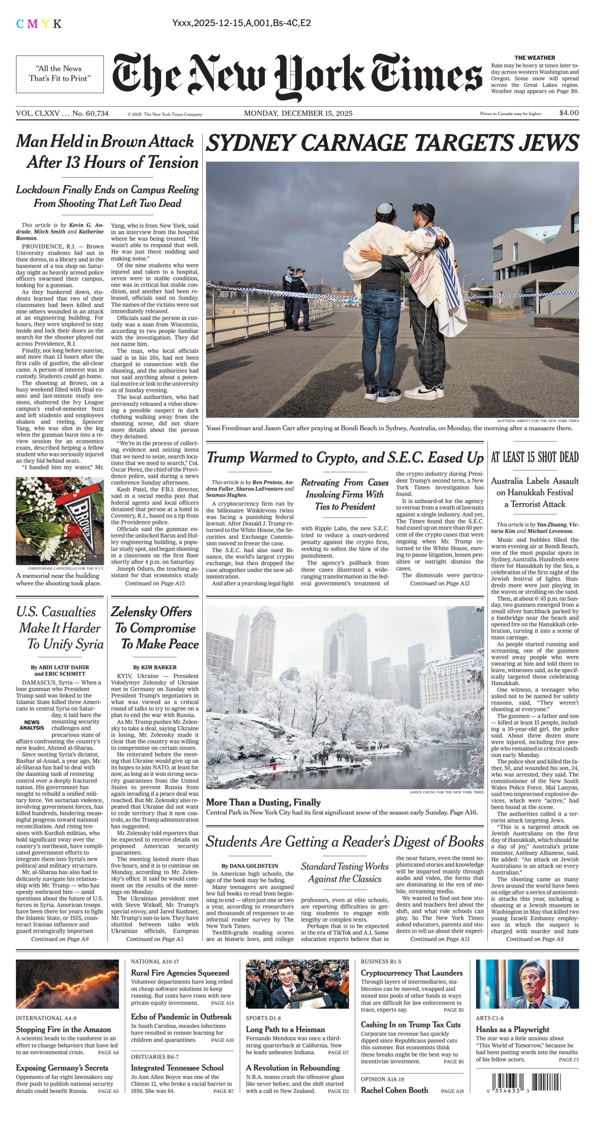 Portada de The New York Times (national) del lunes, 15 de diciembre de 2025
