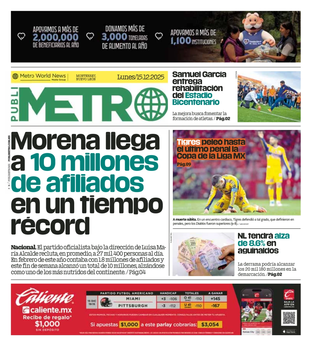 Portada de Publimetro Monterrey del lunes, 15 de diciembre de 2025