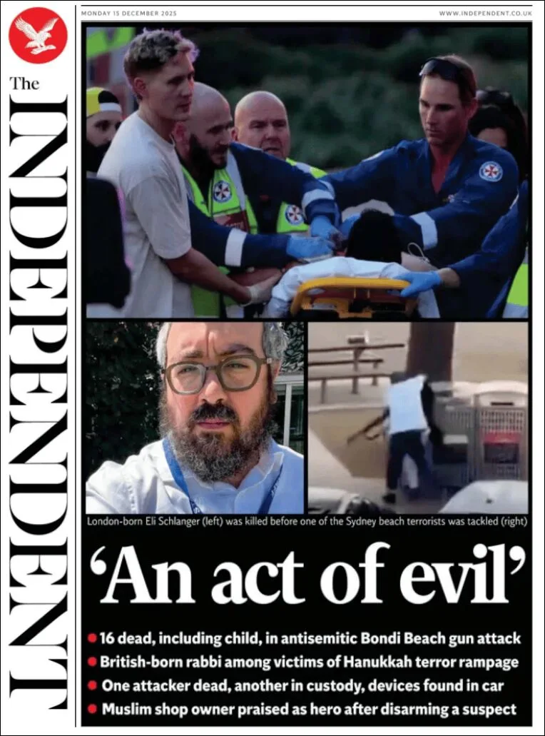 Portada de The Independent del lunes, 15 de diciembre de 2025