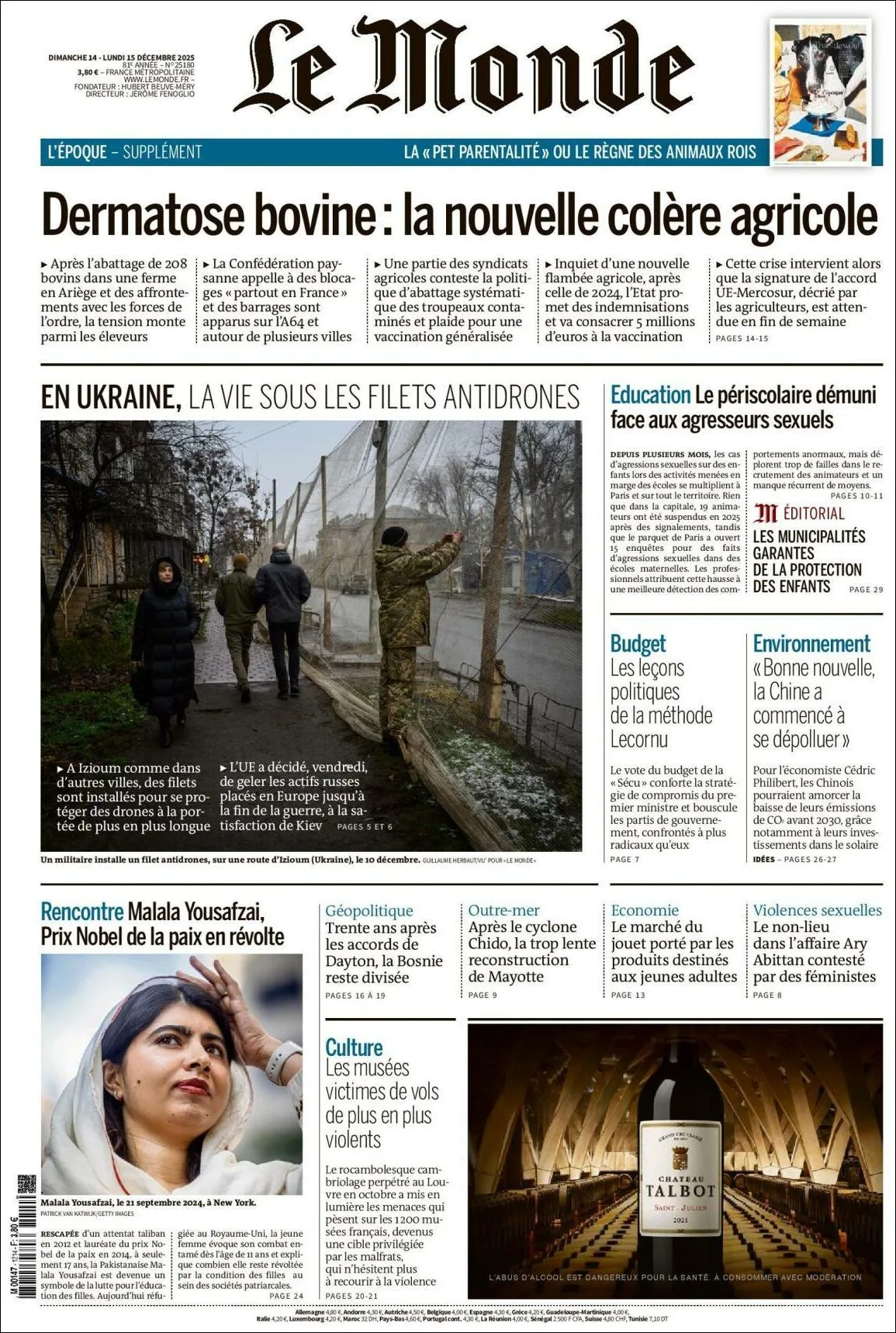 Portada de Le Monde del lunes, 15 de diciembre de 2025