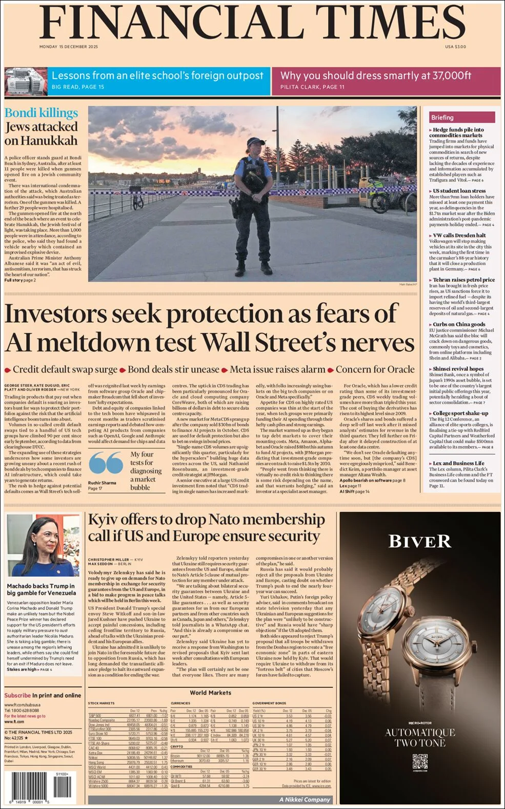 Portada de Financial Times del lunes, 15 de diciembre de 2025