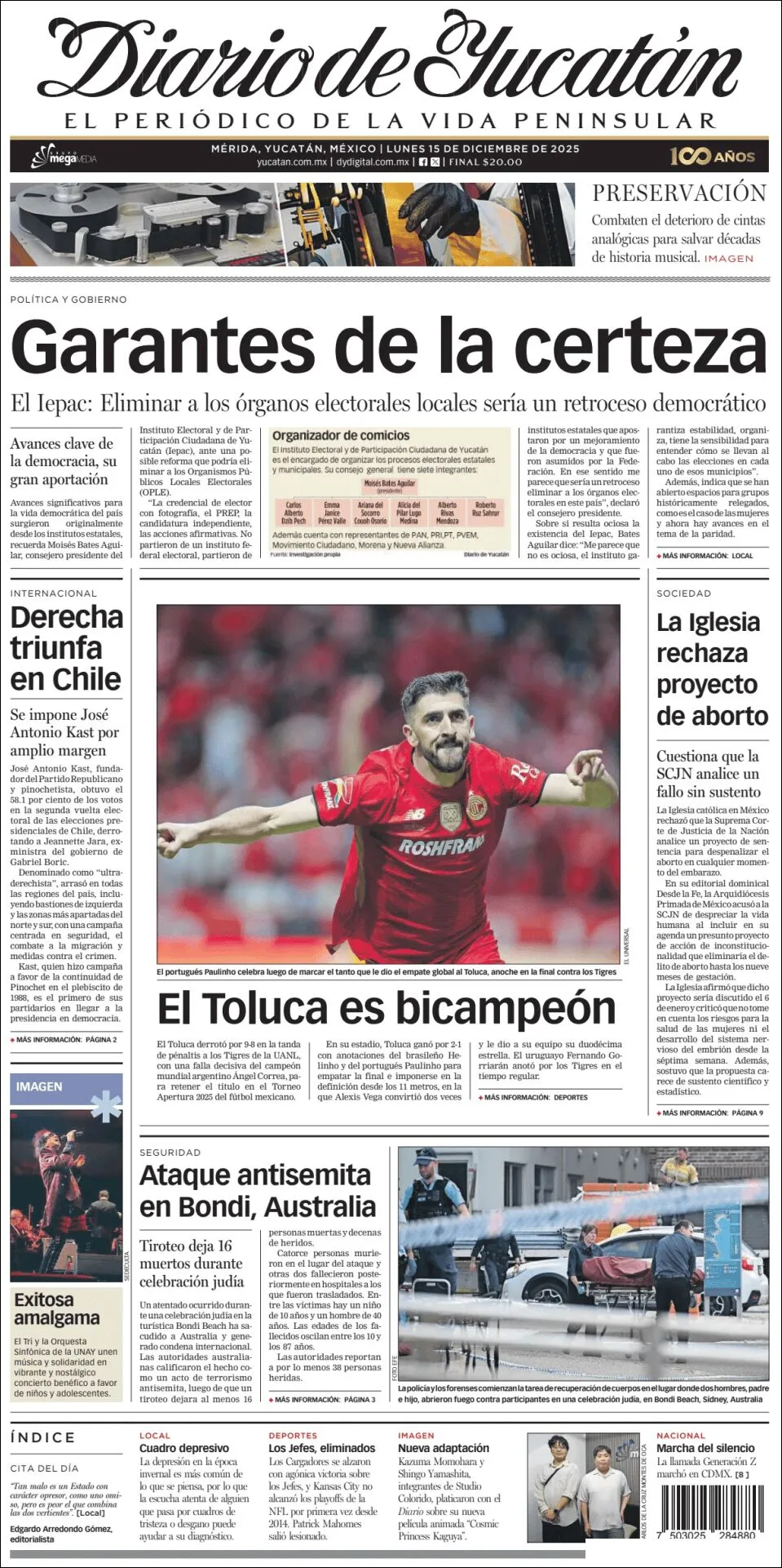 Portada de Diario de Yucatán del lunes, 15 de diciembre de 2025