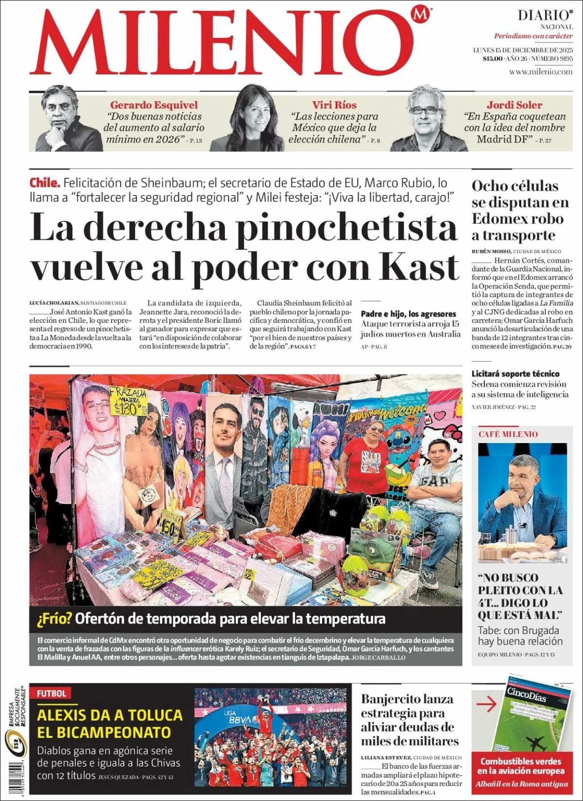 Portada de Milenio del lunes, 15 de diciembre de 2025