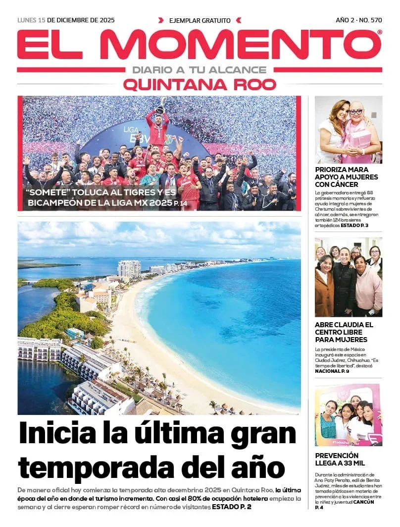 Portada de El Momento Quintana Roo del lunes, 15 de diciembre de 2025