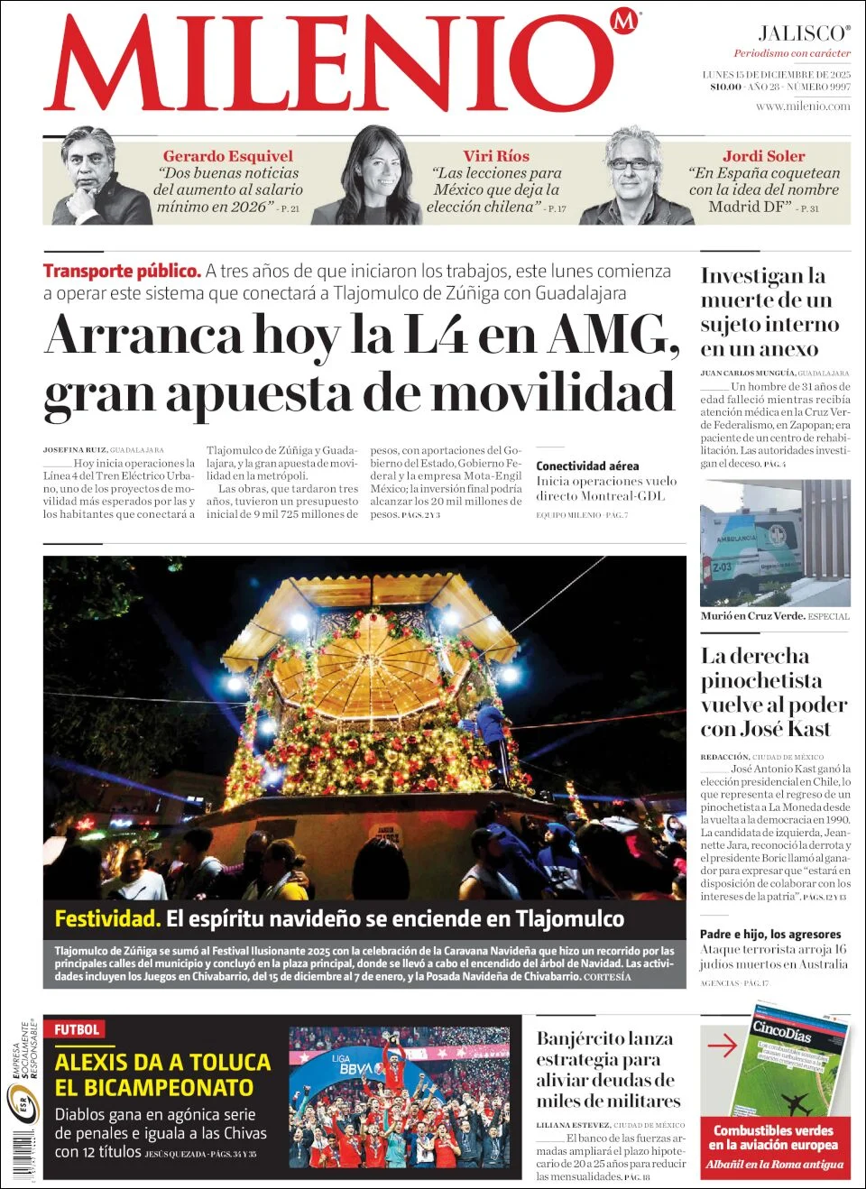 Portada de Milenio Jalisco del lunes, 15 de diciembre de 2025