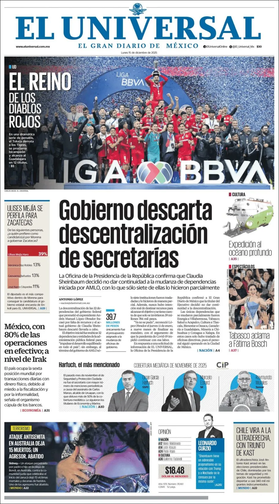 Portada de El Universal del lunes, 15 de diciembre de 2025