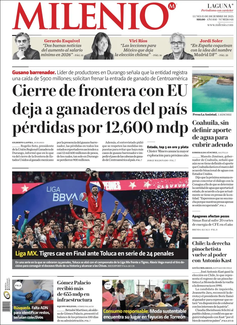 Portada de Milenio Laguna del lunes, 15 de diciembre de 2025