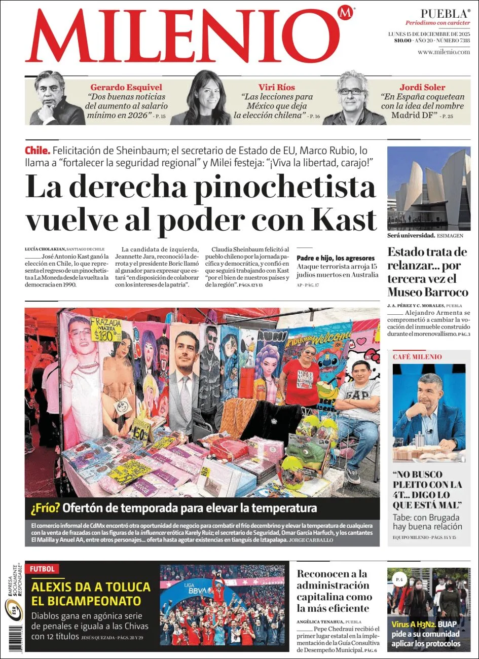 Portada de Milenio Puebla del lunes, 15 de diciembre de 2025