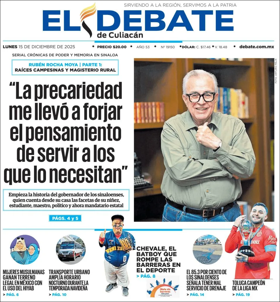 Portada de El Debate de Culiacan del lunes, 15 de diciembre de 2025