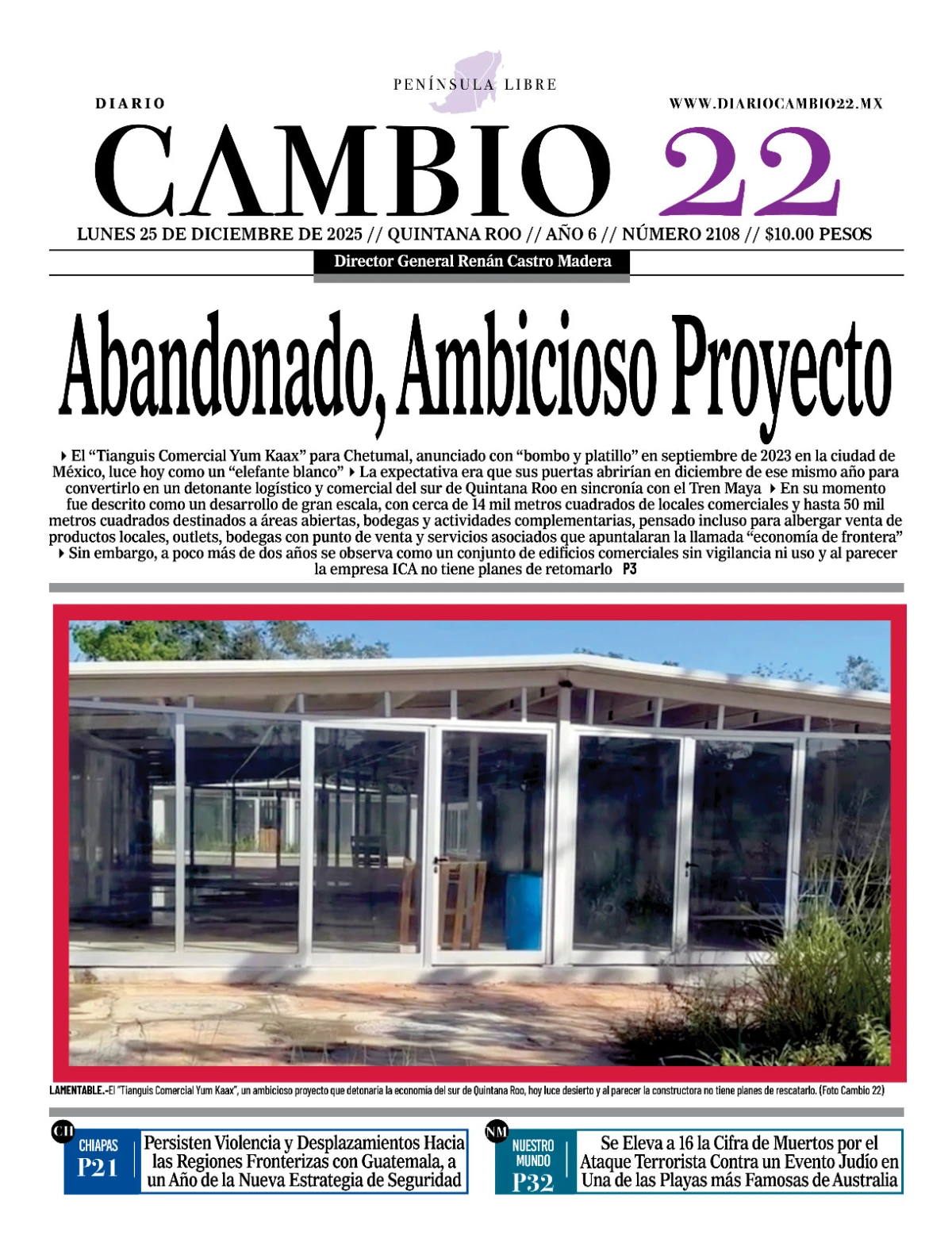 Portada de Diario Cambio 22 (contraportada) del lunes, 15 de diciembre de 2025