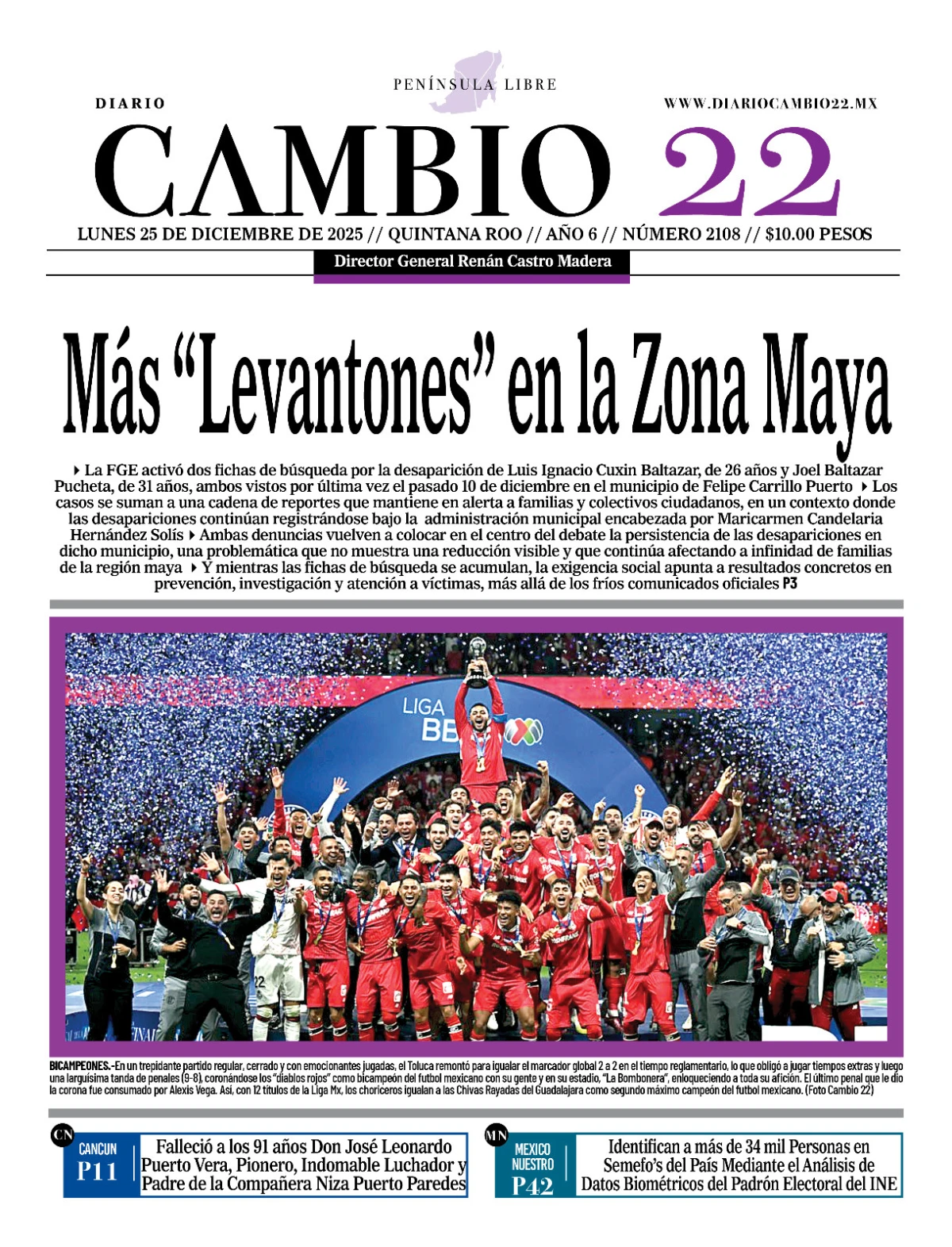 Portada de Diario Cambio 22 (portada) del lunes, 15 de diciembre de 2025