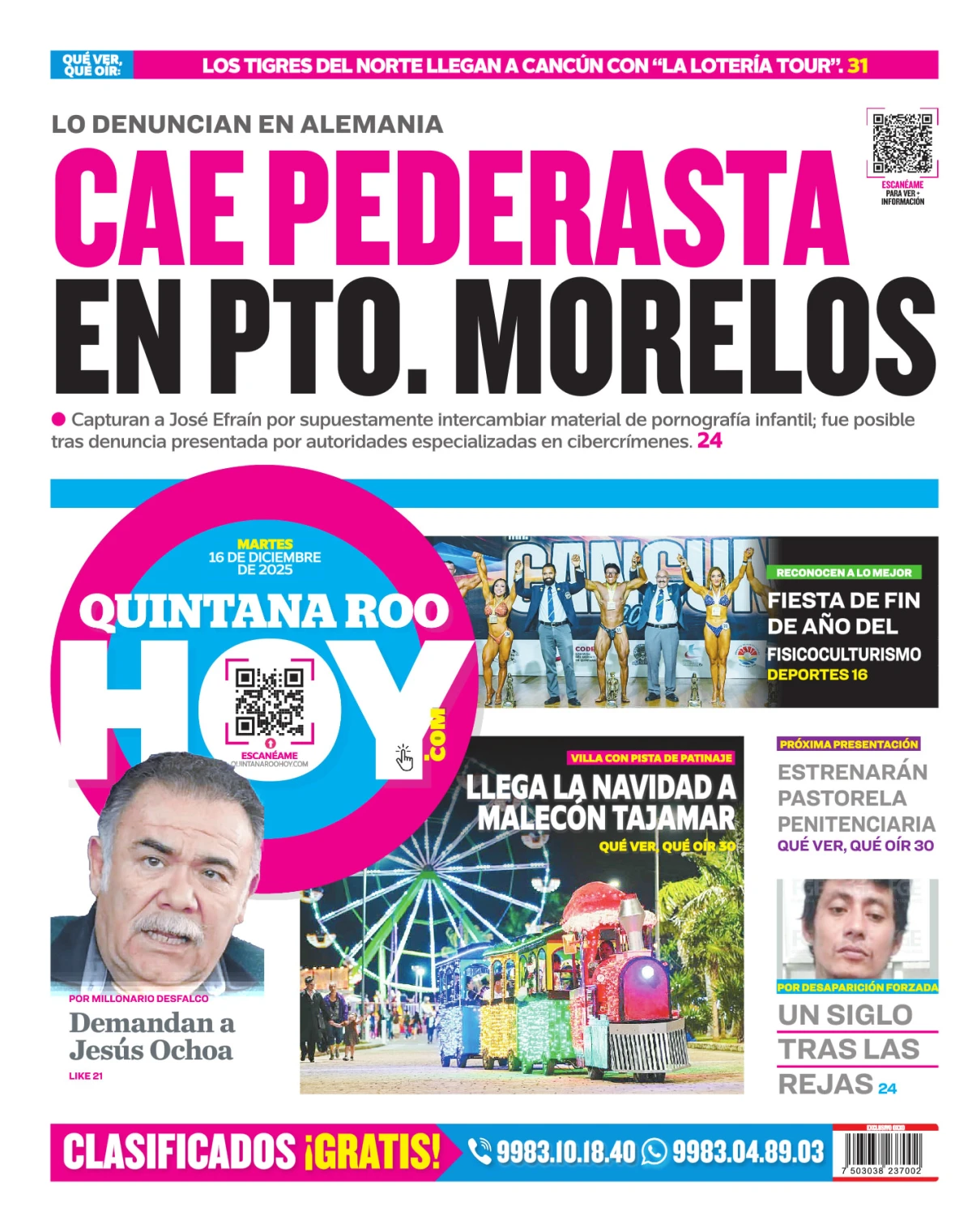 Portada de Quintana Roo Hoy (contraportada) del martes, 16 de diciembre de 2025