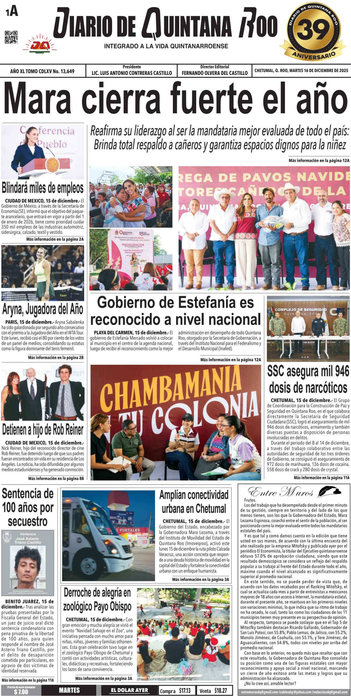 Portada de Diario de Quintana Roo (portada) del martes, 16 de diciembre de 2025
