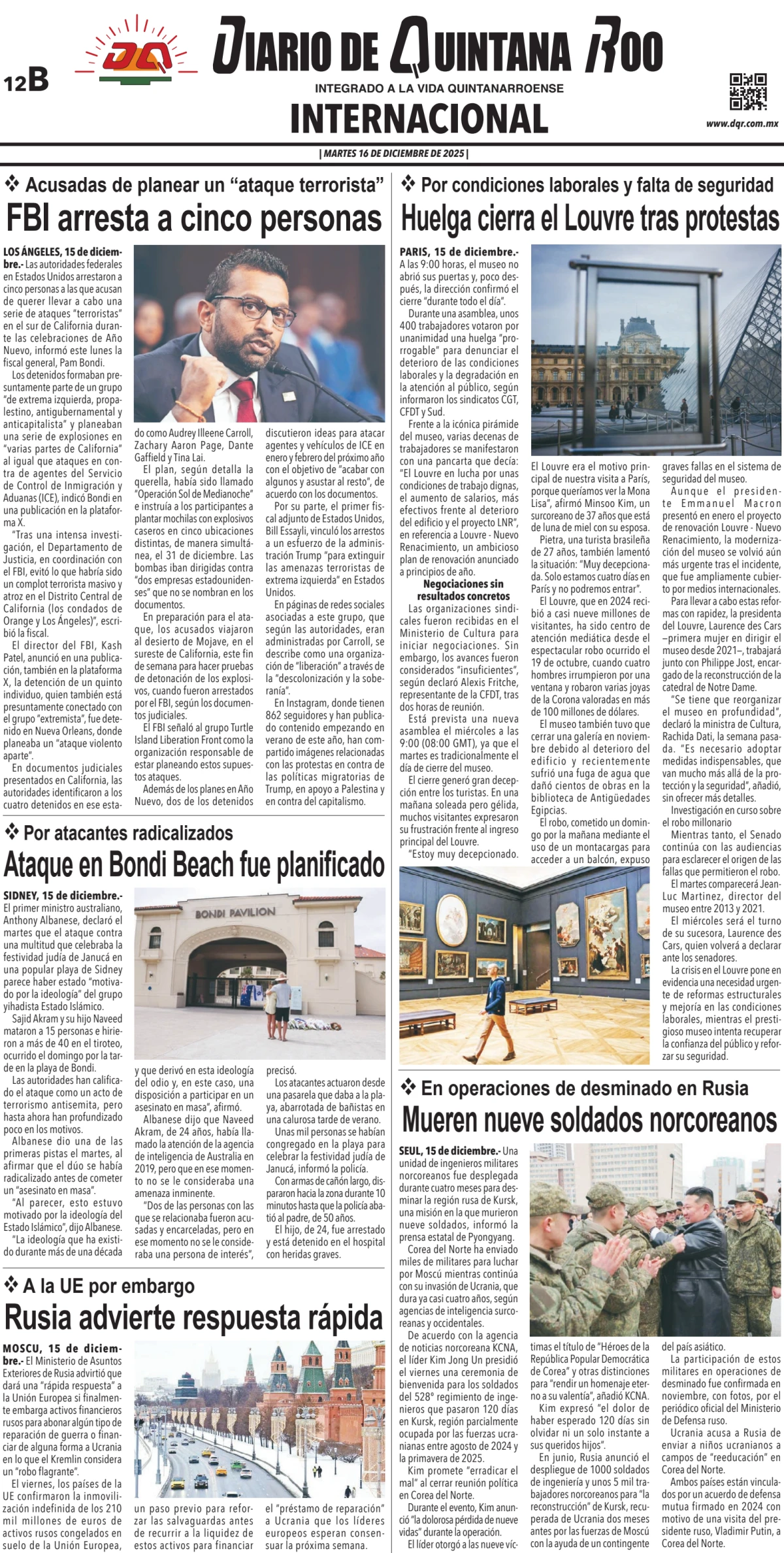 Portada de Diario de Quintana Roo (contra Portada) del martes, 16 de diciembre de 2025