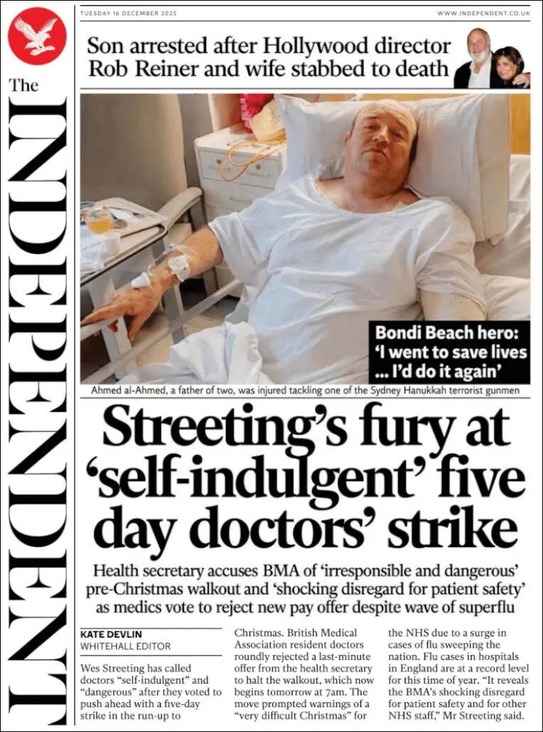 Portada de The Independent del martes, 16 de diciembre de 2025