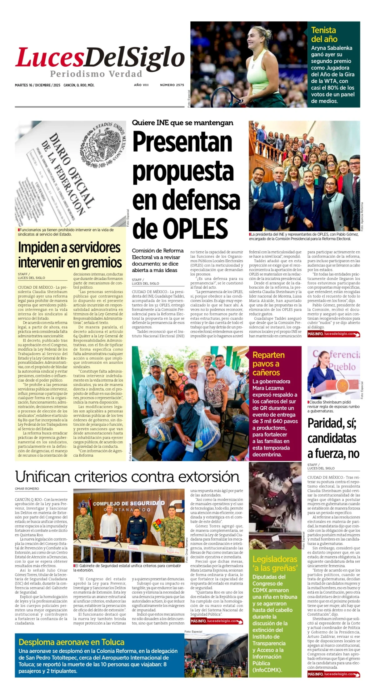 Portada de Luces del Siglo del martes, 16 de diciembre de 2025