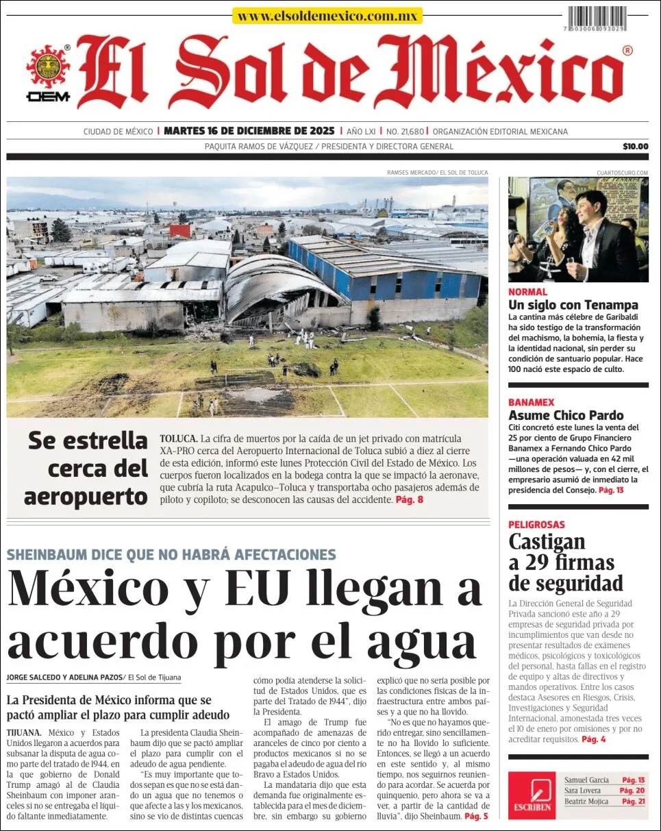 Portada de El Sol de Mexico del martes, 16 de diciembre de 2025