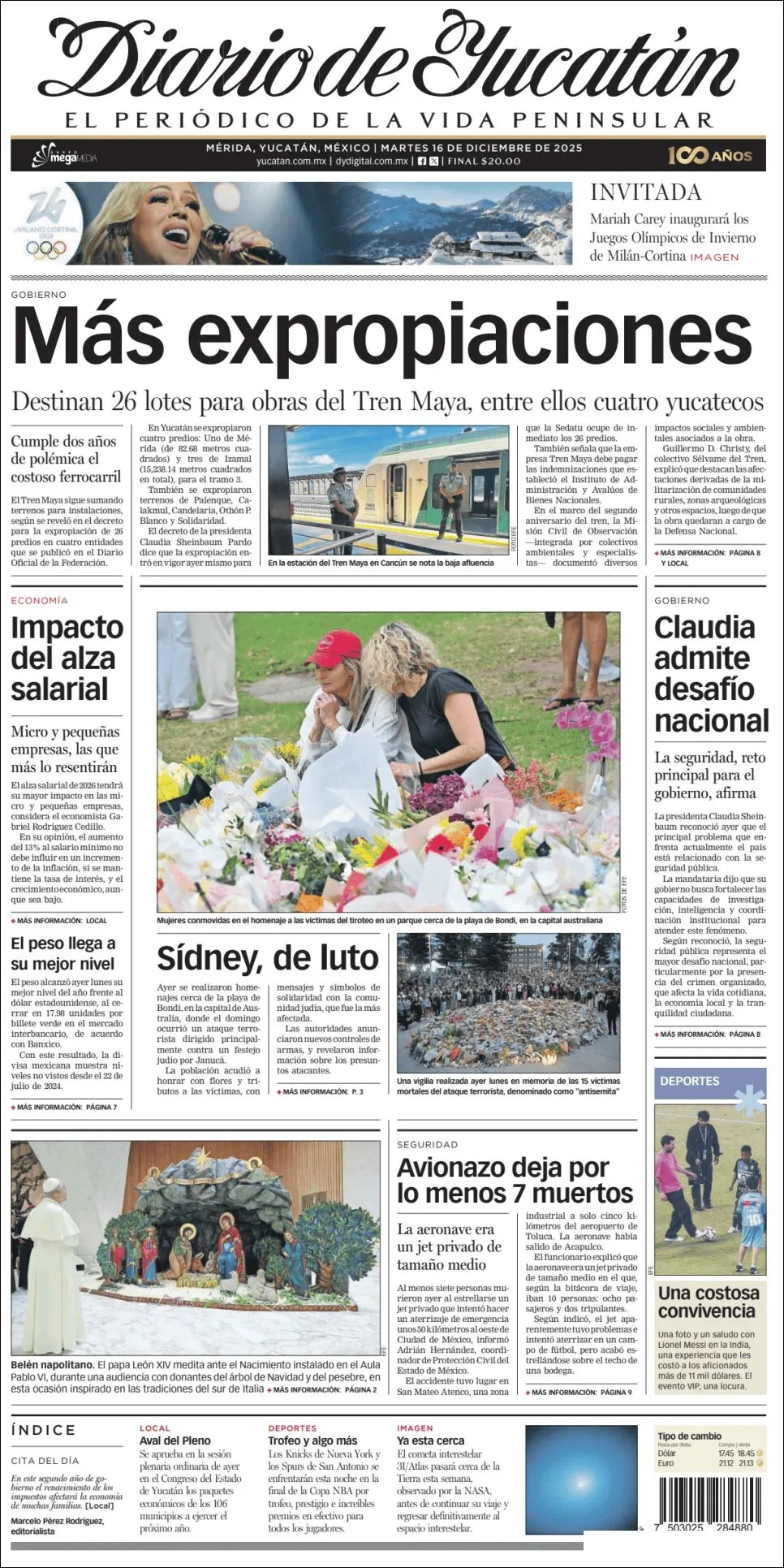 Portada de Diario de Yucatán del martes, 16 de diciembre de 2025